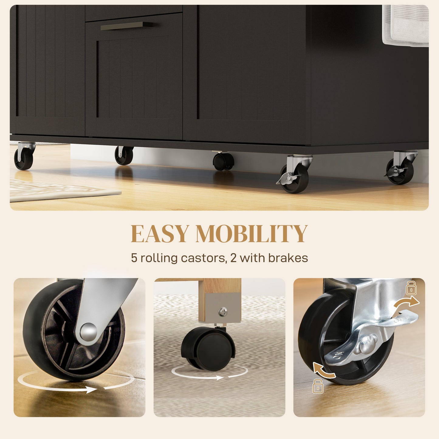 HOMCOM Rolling Kitchen Cart on Wheels with Drop Leaf, Kitchen Island with 3 Drawers, Solid Wood Top and Towel Rack, White