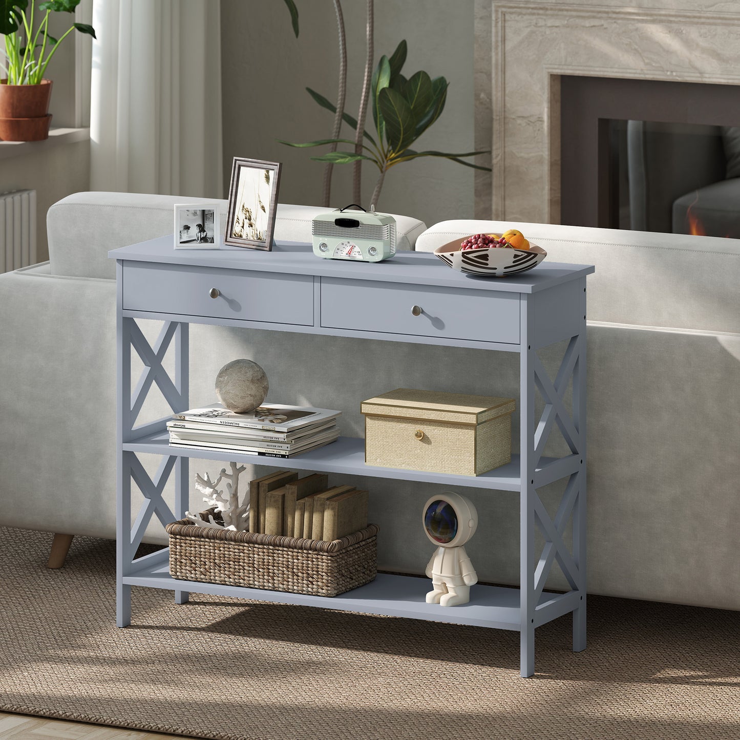 HOMCOM 39" Console Table, Narrow Entryway Table with Storage Shelves, Drawers and X Frame for Behind Couch, Living Room, Hallway, Black