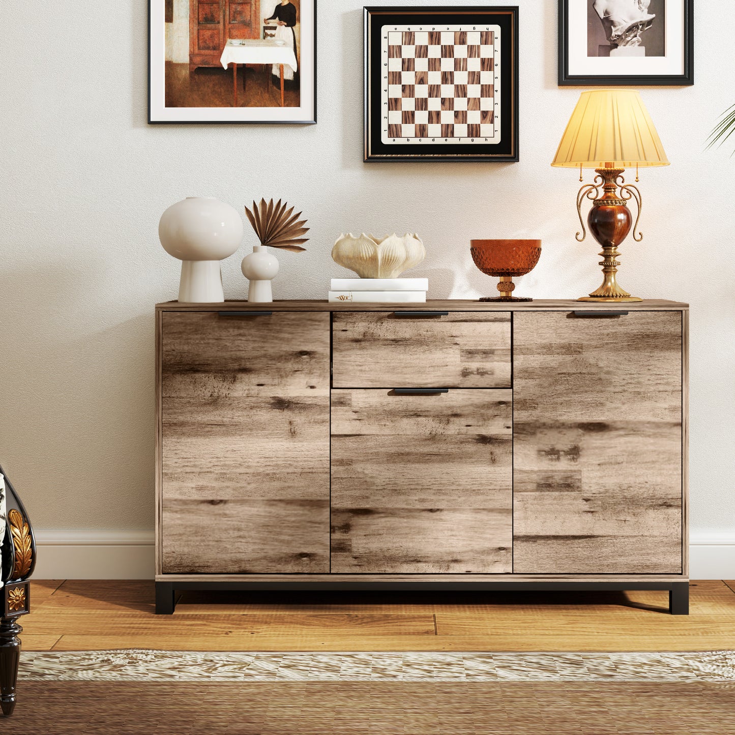 HOMCOM 47" Buffet Cabinet, Industrial Sideboard with 3 Doors, Drawer, 2 Adjustable Shelves for Living Room, Brown Wood Grain