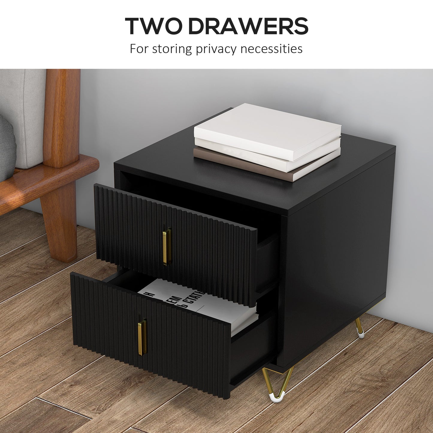HOMCOM Bedside Table, Modern Nightstand with 2 Drawers, Side End Table with Metal Legs for Living Room, Bedroom, Black