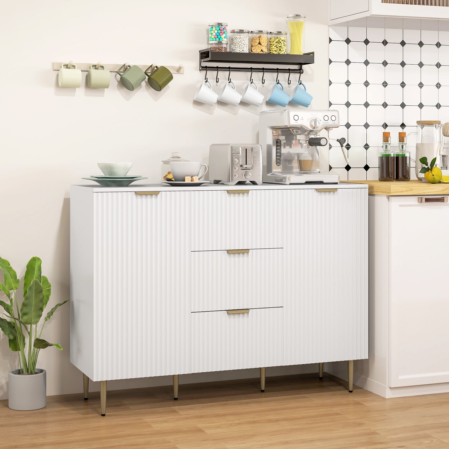 HOMCOM Modern Kitchen Storage Cabinet, Sideboard Buffet Cabinet w/ 3 Drawers and Adjustable Shelves for Kitchen Hallway, Grey