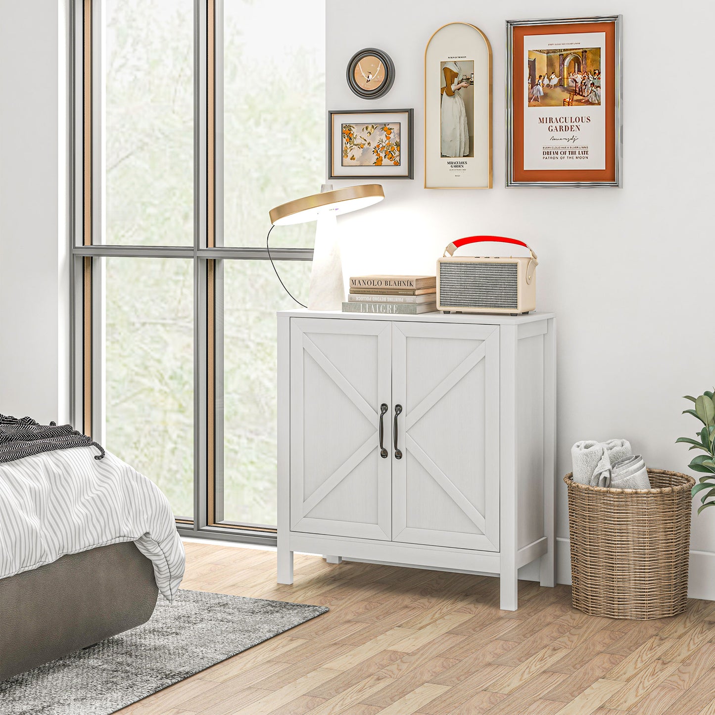HOMCOM Sideboard Buffet, Kitchen Storage Cabinet with Barn Door and Adjustable Shelves, Storage Pantry, White Wood Grain