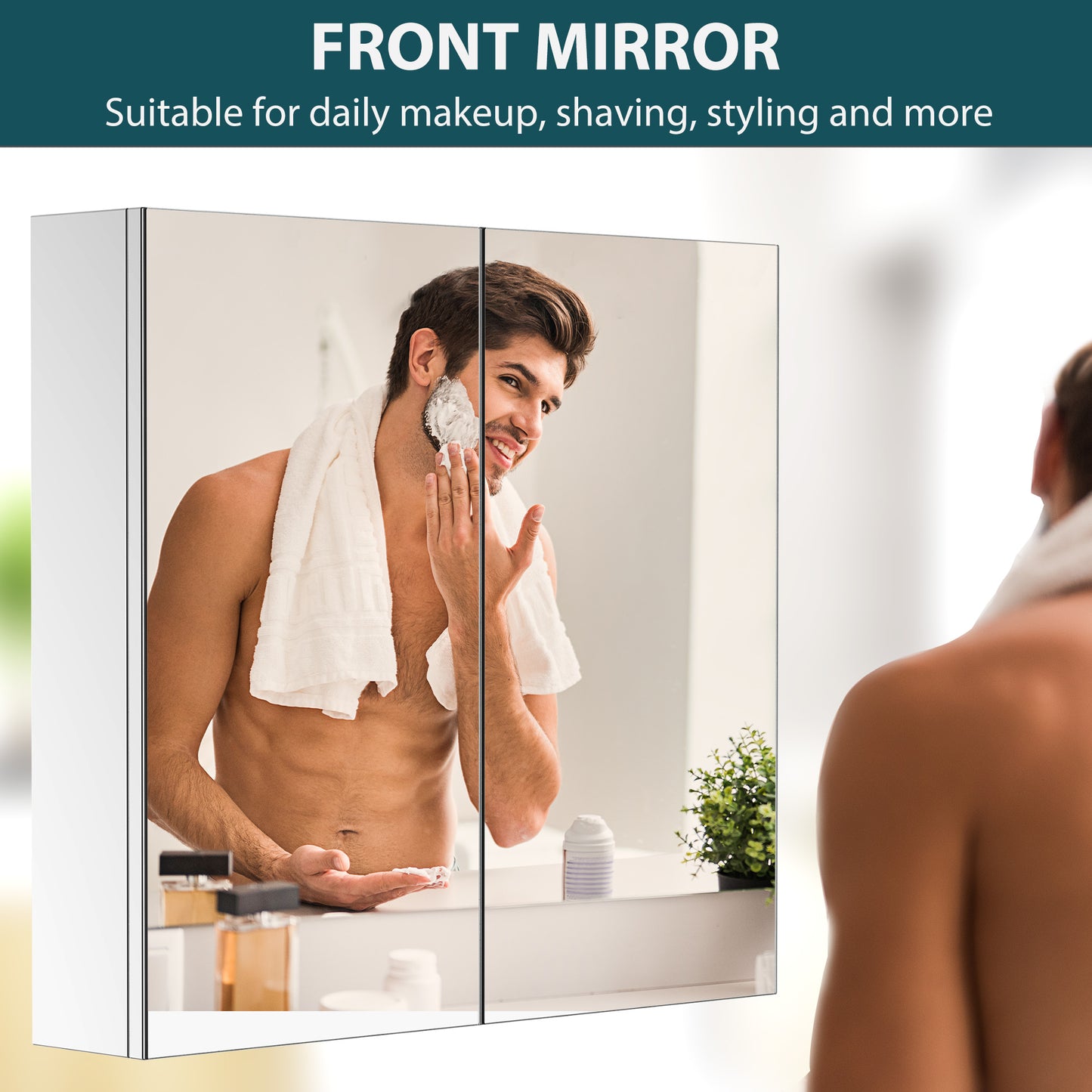 HOMCOM Wall Mounted Mirror Cabinet, Bathroom Medicine Cabinet with Mirror, 2 Doors and 3-tier Shelving, Silver