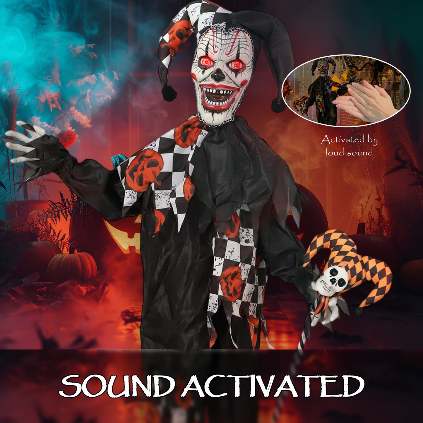 Outsunny Life Size Halloween Animated Clown with Red Light Up Eyes, Sound Activated Scary Halloween Decorations, Battery Operated