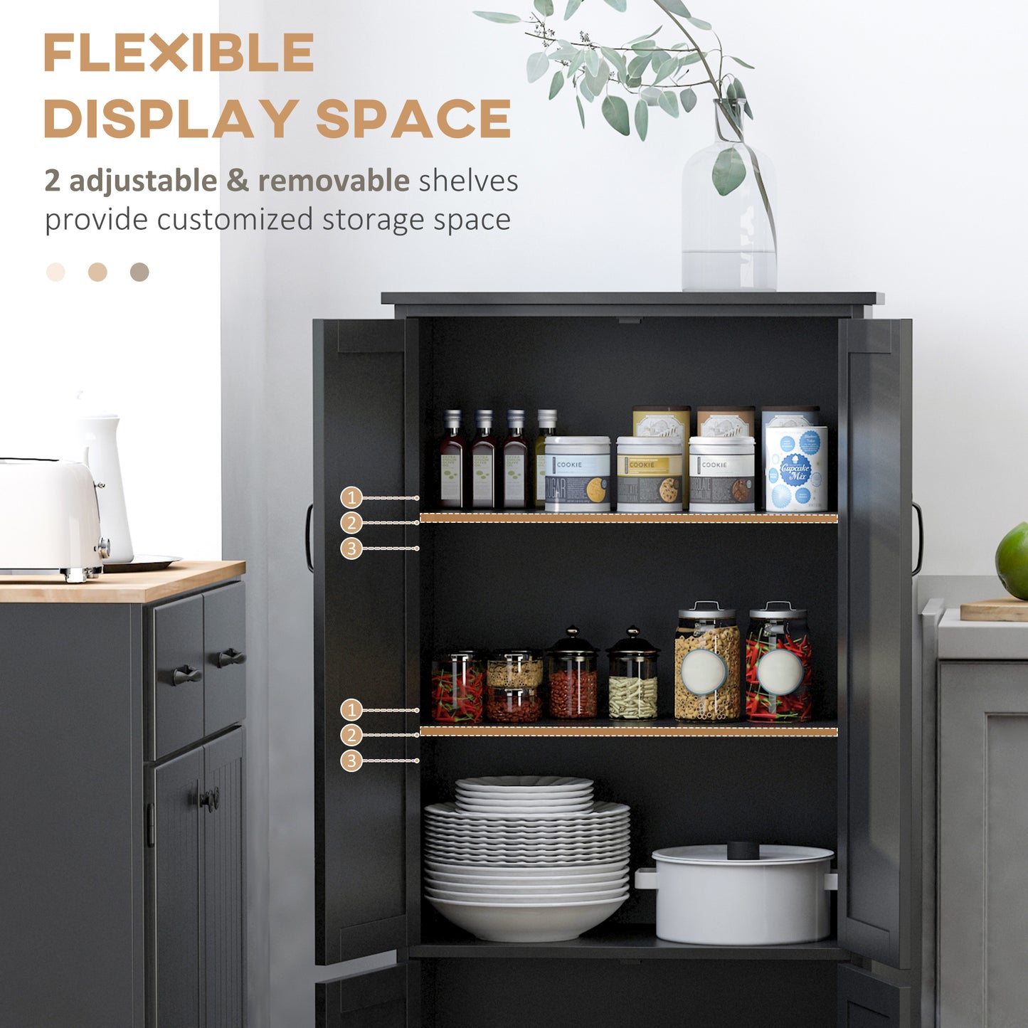 HOMCOM 48" 4-Door Storage Cabinet Multi-Storey Large Space Pantry with Adjustable Shelves Black