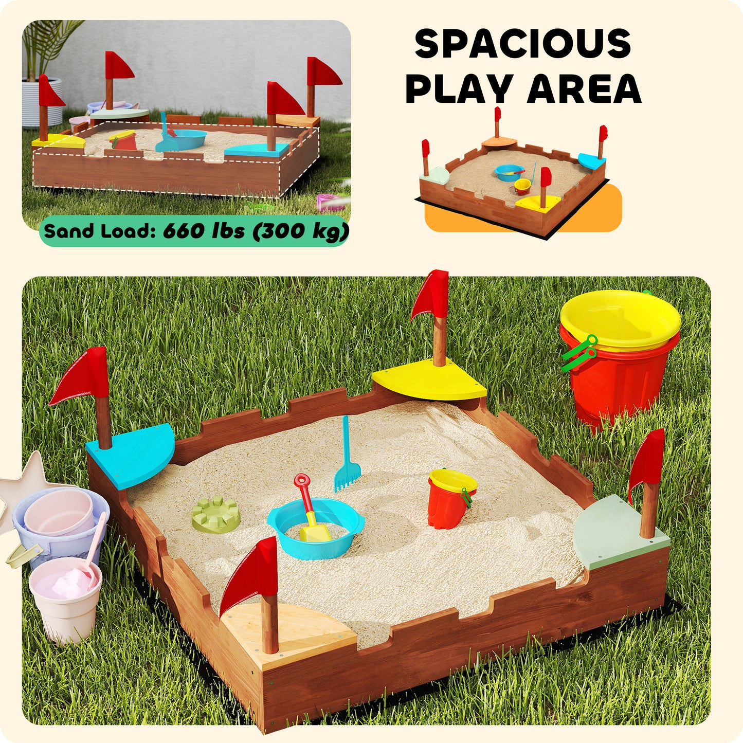 Qaba Wooden Kids Sandbox with Cover, 4 Seats, Rudder, Deck, Bottom Liner, 52" x 40" x 55.5", for Ages 3-8, Yellow