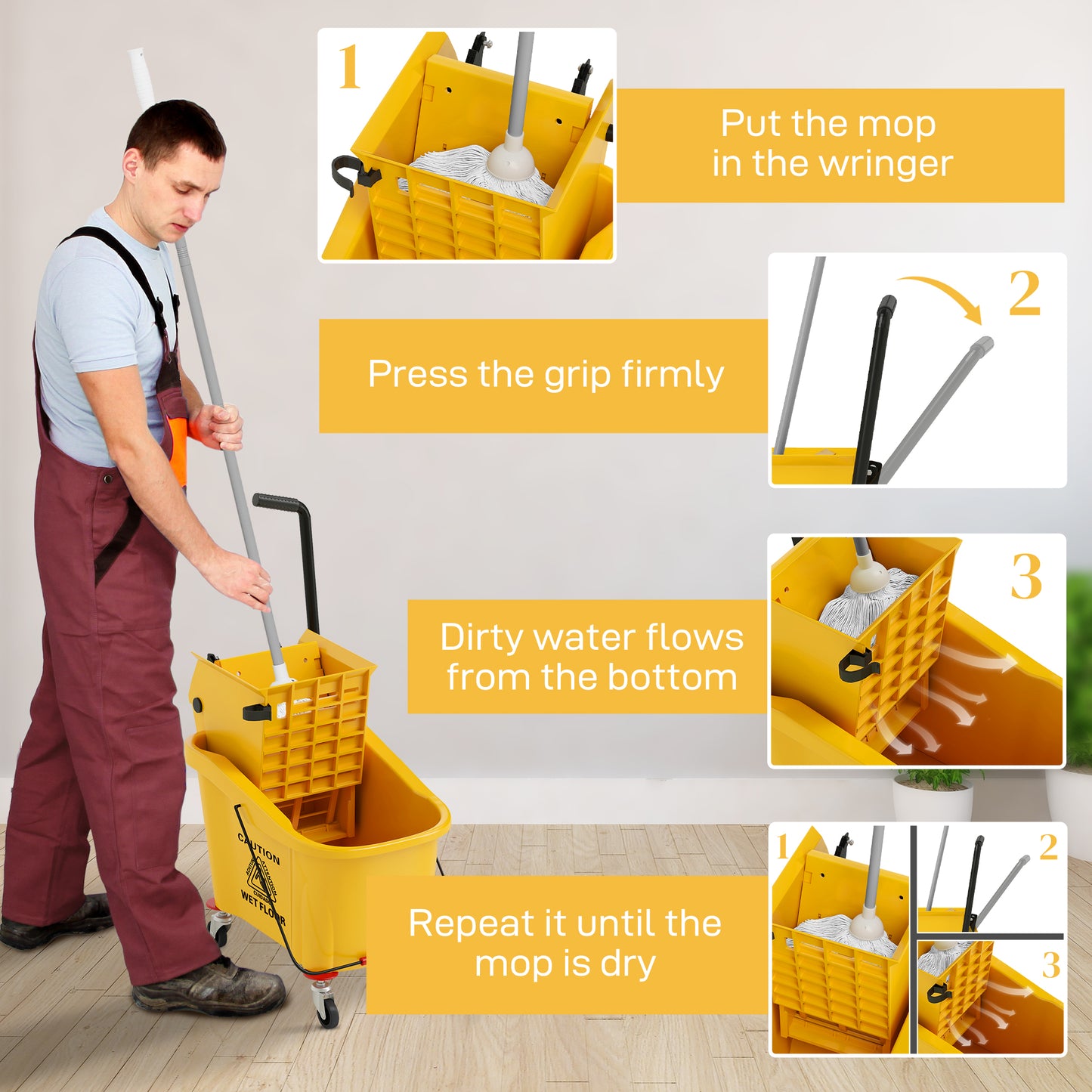 HOMCOM Mop Bucket with Wringer on Wheels for Floor Cleaning, 38 Quart Down Press Wringer with Handle, Yellow