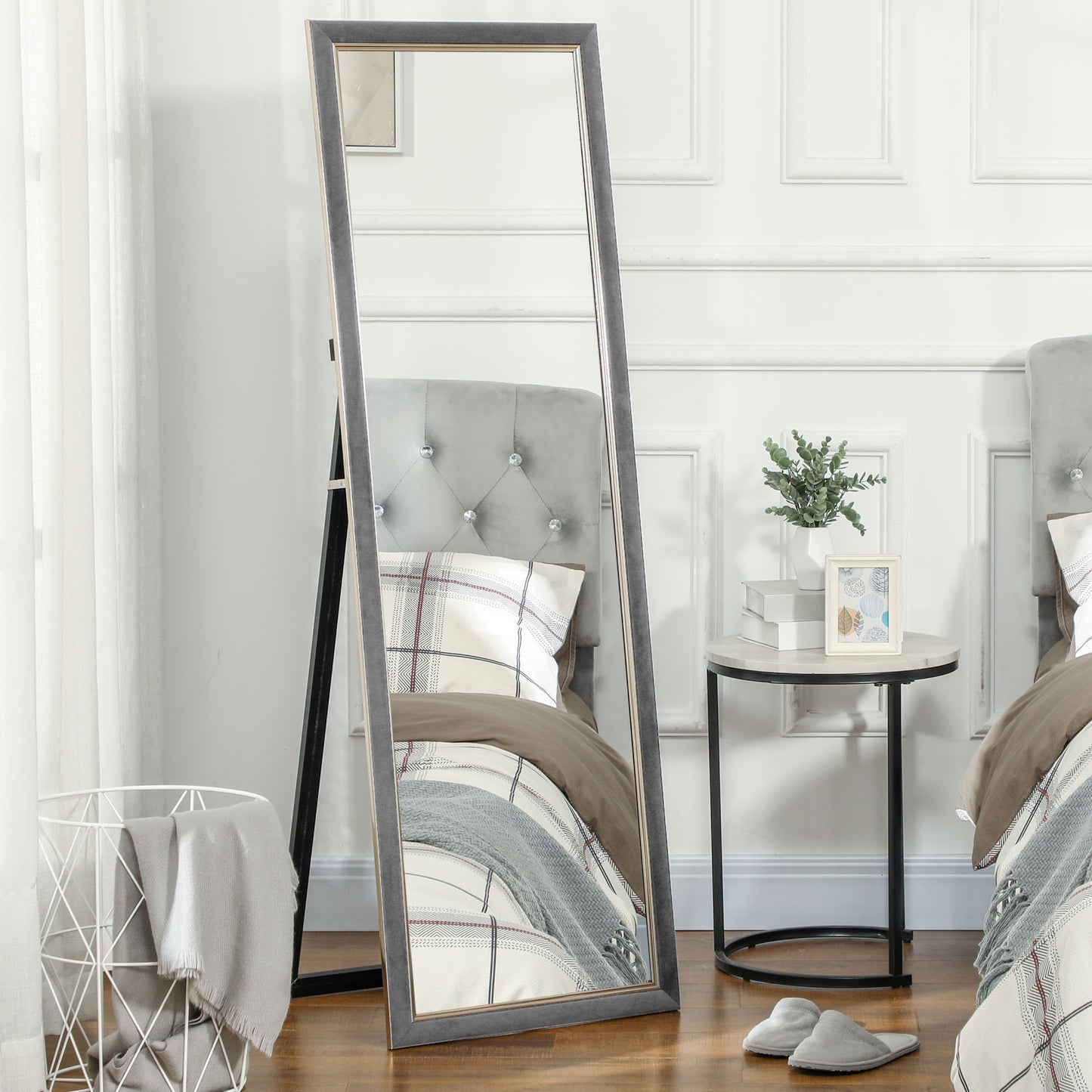 HOMCOM Floor Standing Mirror, Full Body Mirror, Free Standing, Leaning or Wall Mirror with Frame for Bedroom, Grey