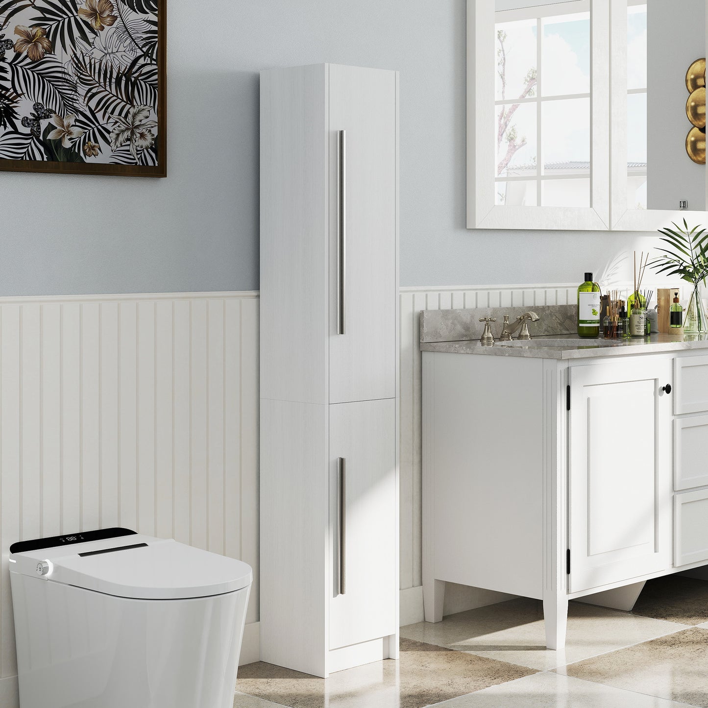 HOMCOM Freestanding Tall Bathroom Storage Cabinet with Adjustable Shelves, Bathroom Organizer, Black Wood Grain