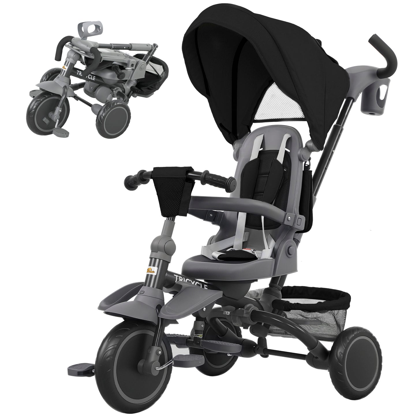 Qaba 6 in 1 Toddler Tricycle for 1-5 Years Old with Push Handle, Removable Canopy, Rotatable Seat, Pink