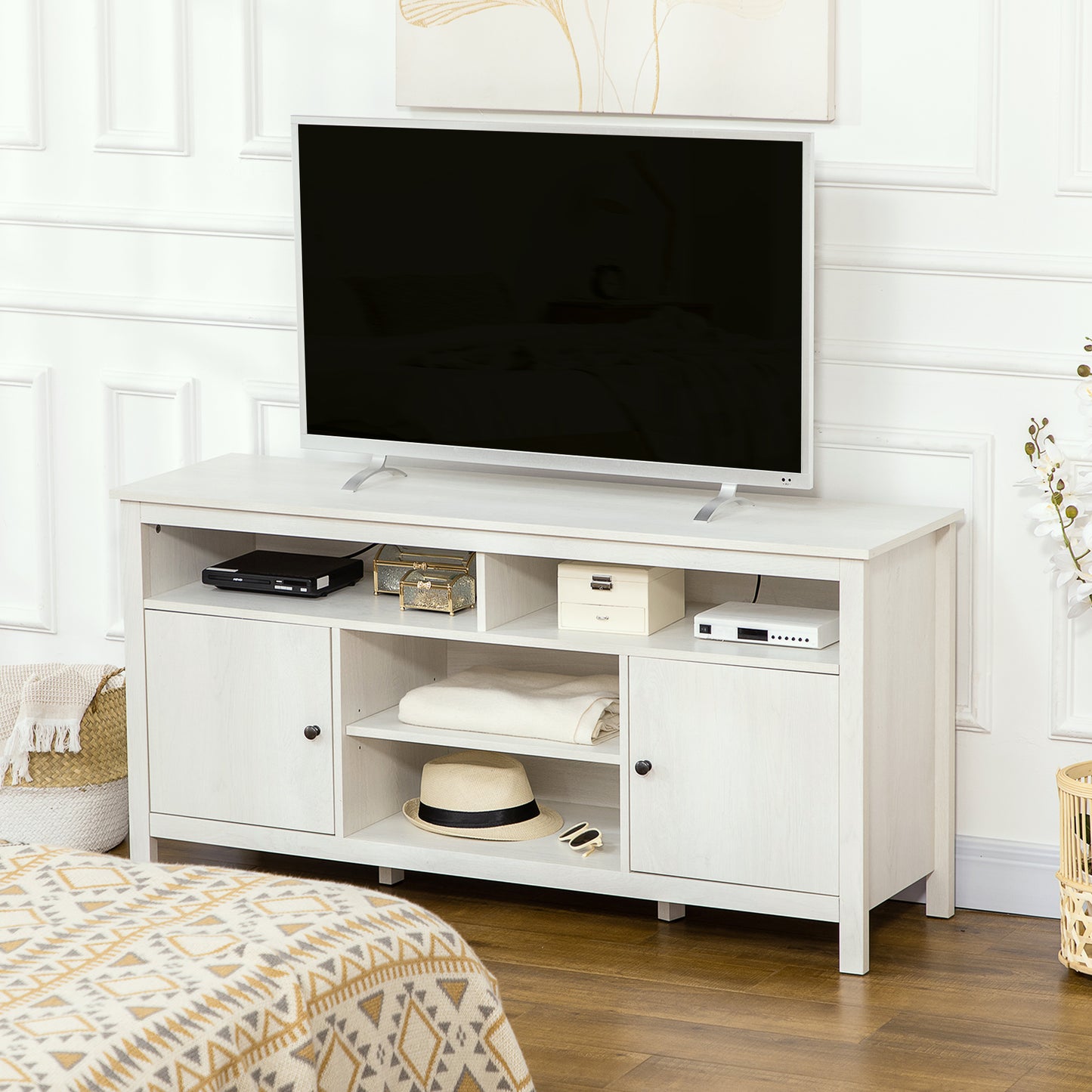 HOMCOM TV Stand for TVs up to 55", TV Unit with Storage Cupboard and Shelves, 55.1" x 15.7" x 27", White