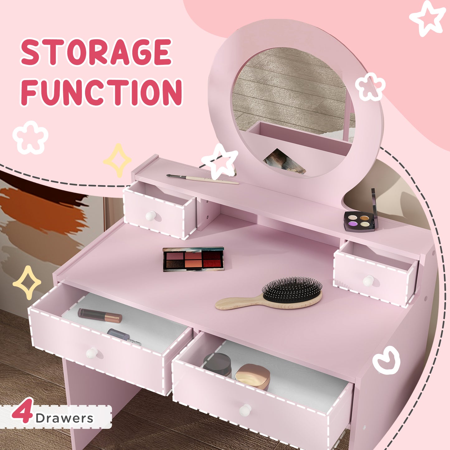 Qaba Kids Vanity Set, Dual-Use Dressing Table with Removable Tri-Folding Mirror and Drawer, for Ages 3-8, Pink