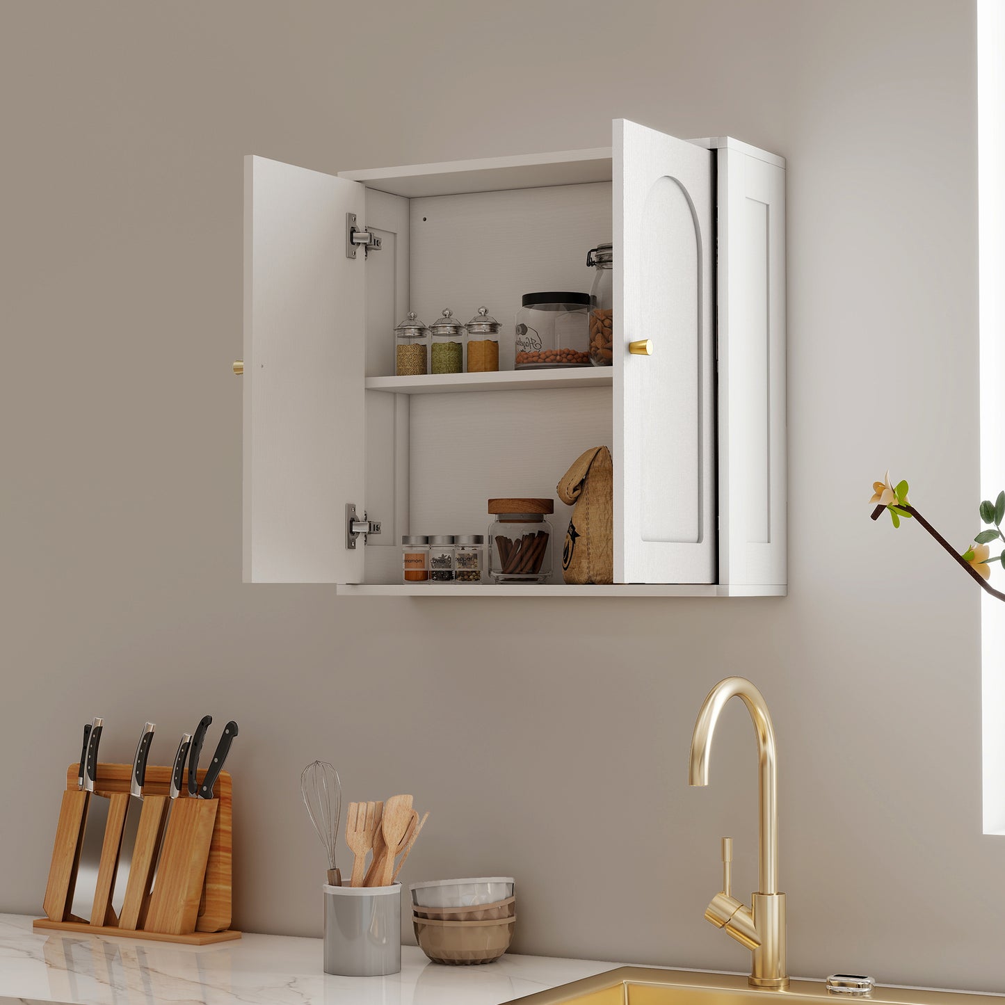 HOMCOM Medicine Cabinet, Modern Bathroom Wall Cabinet with 2 Arched Doors and Gold Handles, White Wood Grain