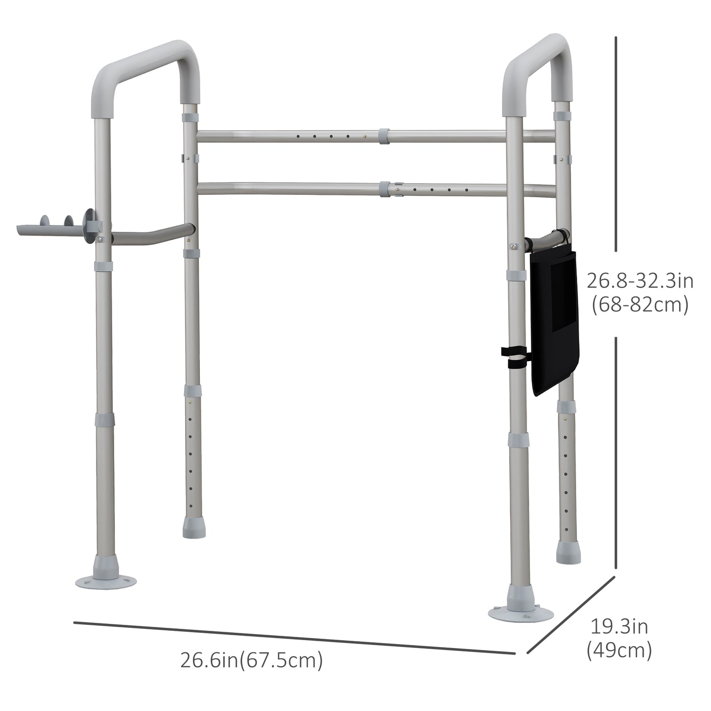 HOMCOM Stand Alone Toilet Safety Rails, Toilet Rails with Adjustable Height Width, 300lb Grab Bar with Suction Cups, Storage, Padded Handles for Elderly