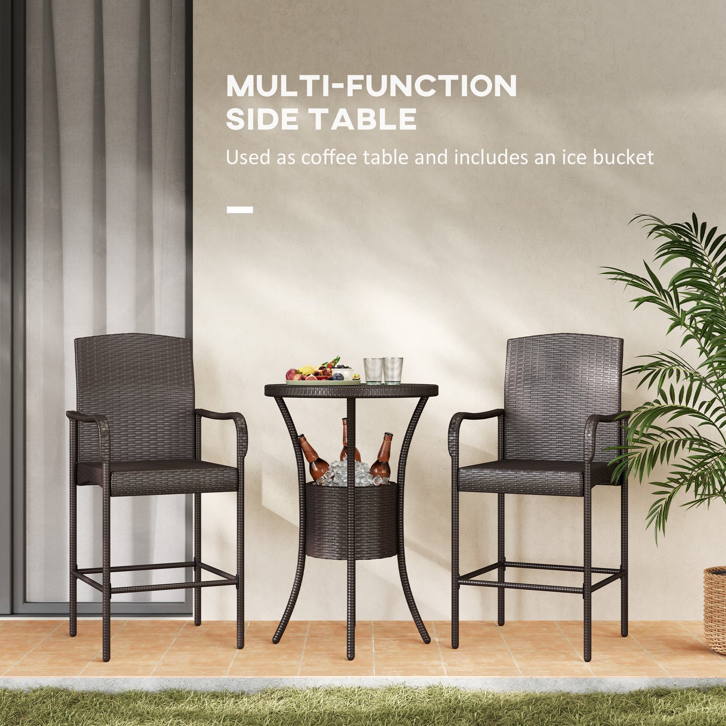 Outsunny 3 Pieces Patio Bar Set, Rattan Bistro Table and Chairs, Outdoor Conversation Furniture Set with Ice Bucket, Dark Brown