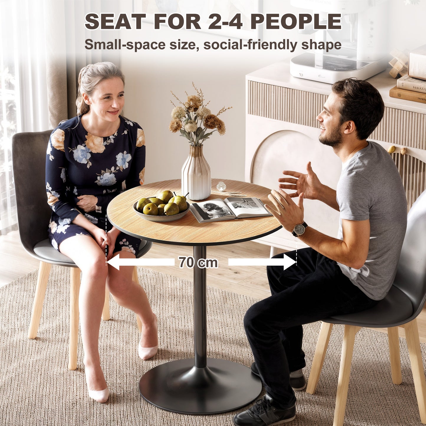 HOMCOM 27.6" Round Kitchen Table for 2, Modern Small Dining Table with Wood Veneer, Steel Base for Dining Room, Natural