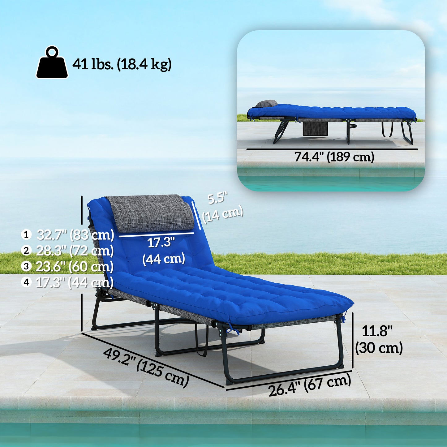 Outsunny 2-Piece Folding Lounge Chairs with Adjustable Backrest, Tanning Chair with Cushion, Side Pocket, Headrest, Grey