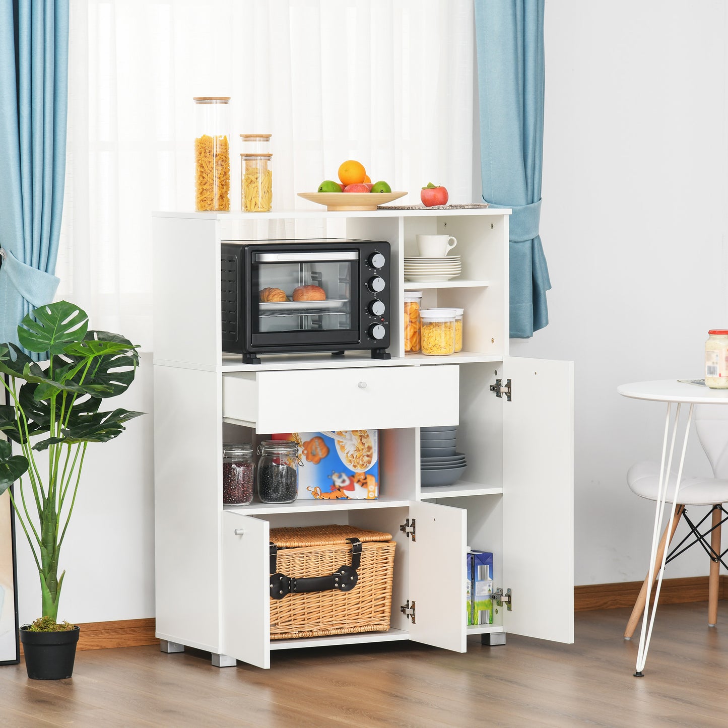 HOMCOM Compact Kitchen Pantry Cabinet Server Hutch Storage Buffet with Microwave Oven Stand Drawer and Shelves, White