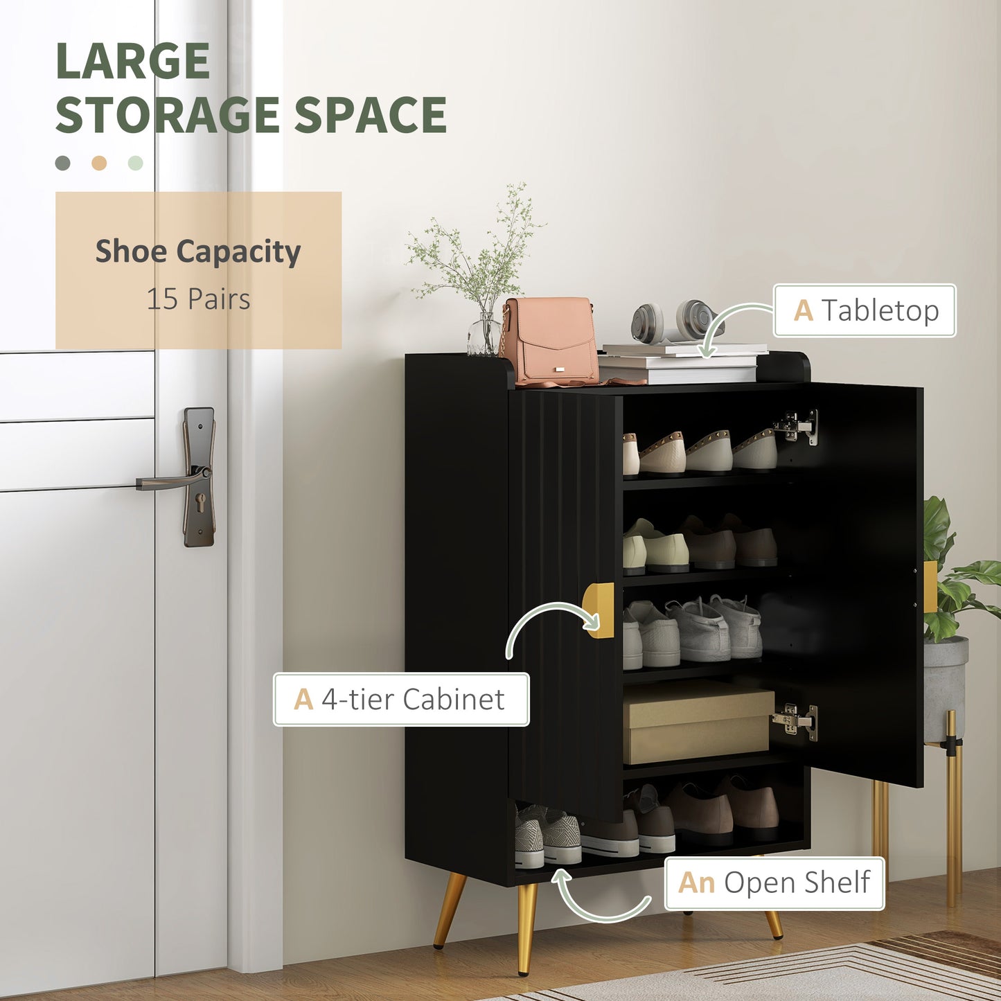 HOMCOM Entryway Shoe Storage Cabinet, Narrow Shoe Cabinet with Adjustable Shelves and Open Shelf for 15 Pairs of Shoes, Grey