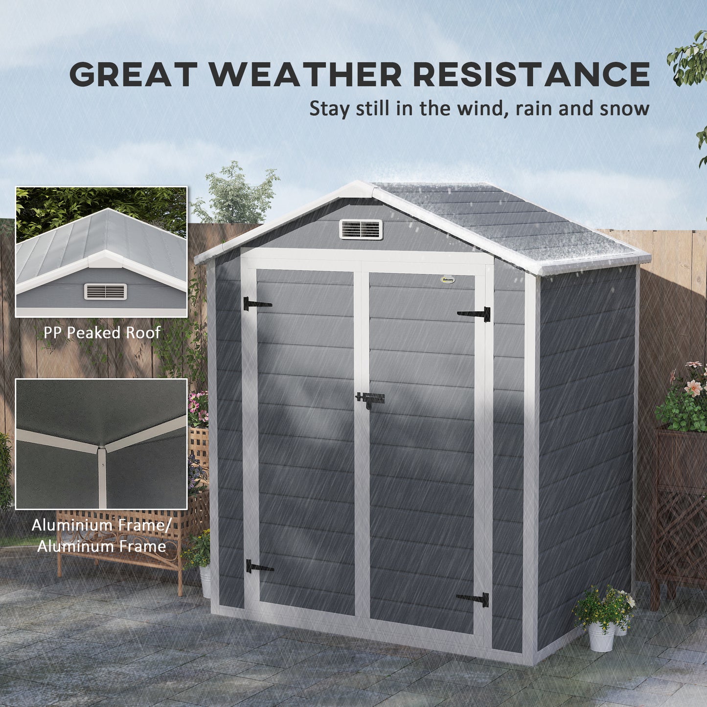 Outsunny 6x4.5ft Plastic Garden Shed, Lockable Garden Tool Storage House with Double Doors and Vent for Equipment, Gray