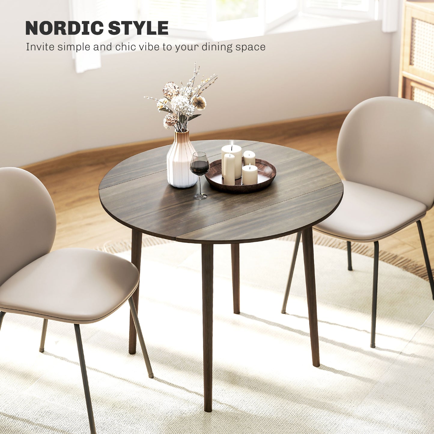 HOMCOM Folding Dining Table, Round Drop Leaf Kitchen Table for Small Spaces with Wood Legs, Distressed Grey