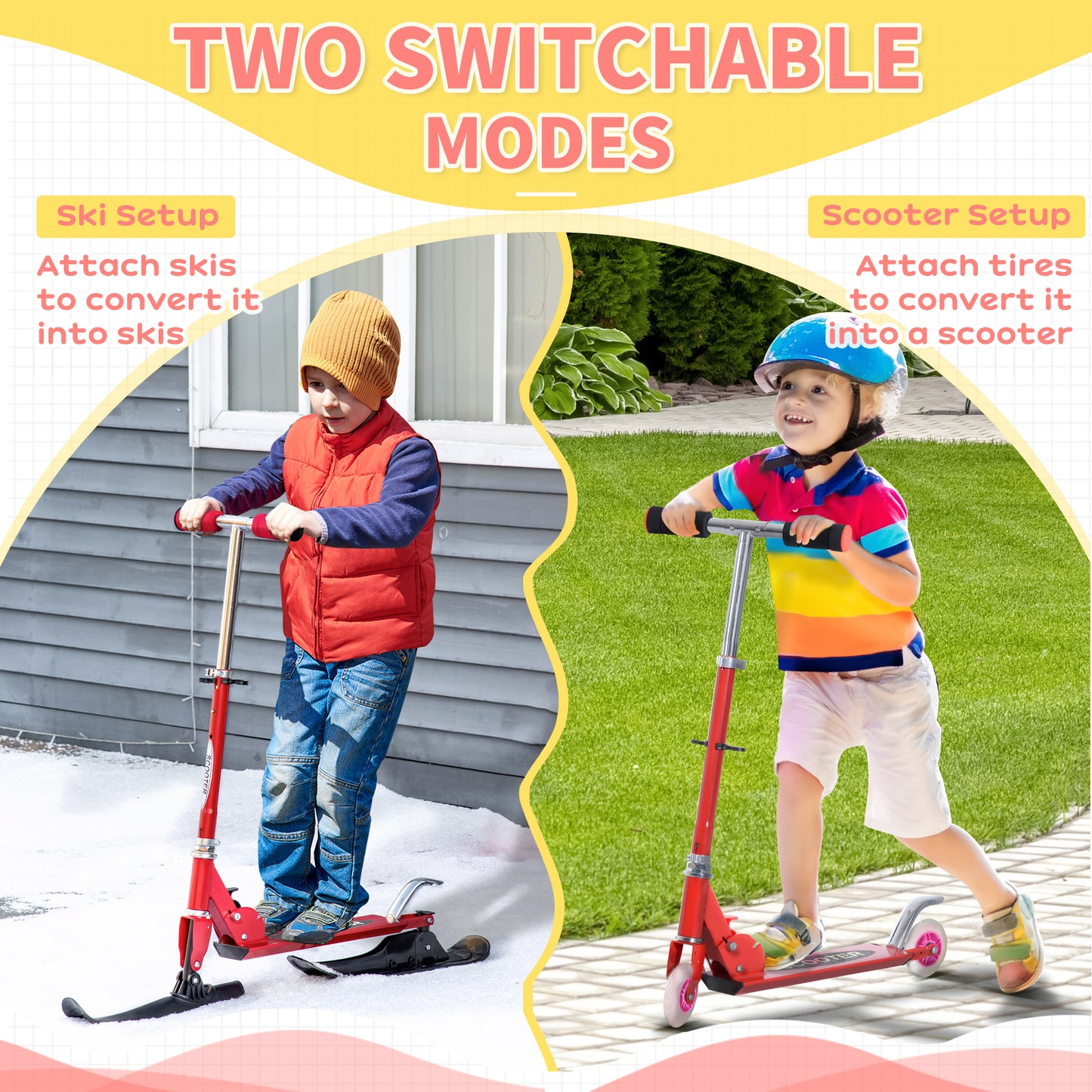 Qaba Snow Scooter, 2 in 1 Design Adjustable Height Scooter Snow Sled for Kids Aged Over 7 Years Old, Kids Sled Ski Scooter with Wheels Blades, Green