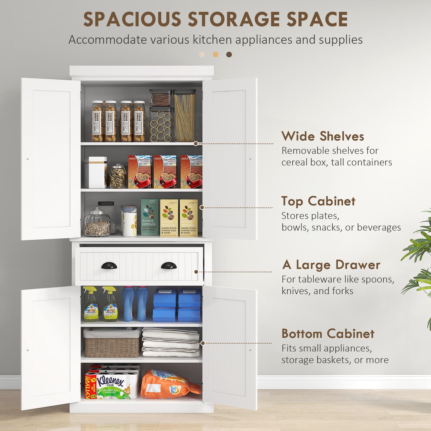 HOMCOM 72" Kitchen Pantry, Freestanding Storage Cabinet with Drawer, Doors, White