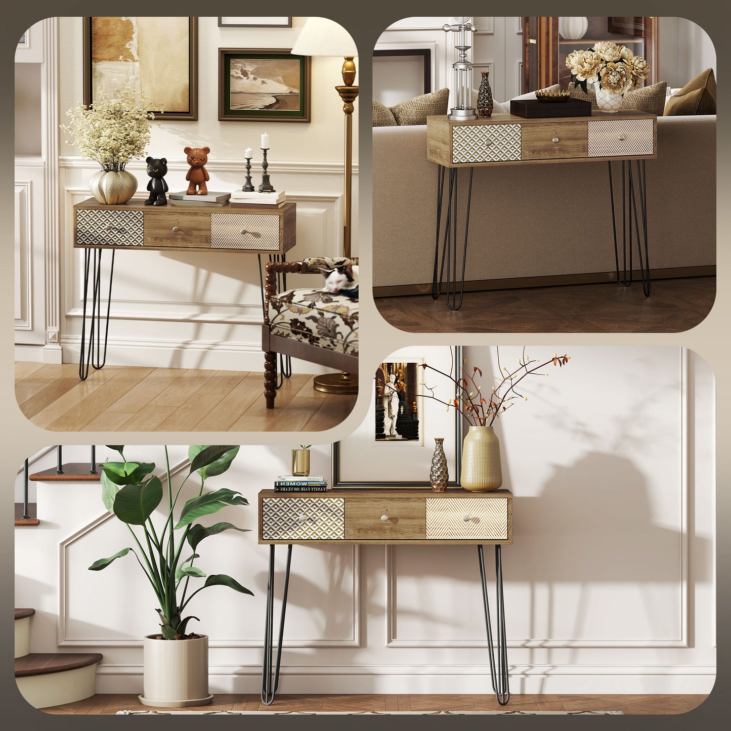 HOMCOM Narrow Console Table with Drawers, 35" Entryway Table with Hairpin Legs for Hallway, Foyer, Living Room, Brown