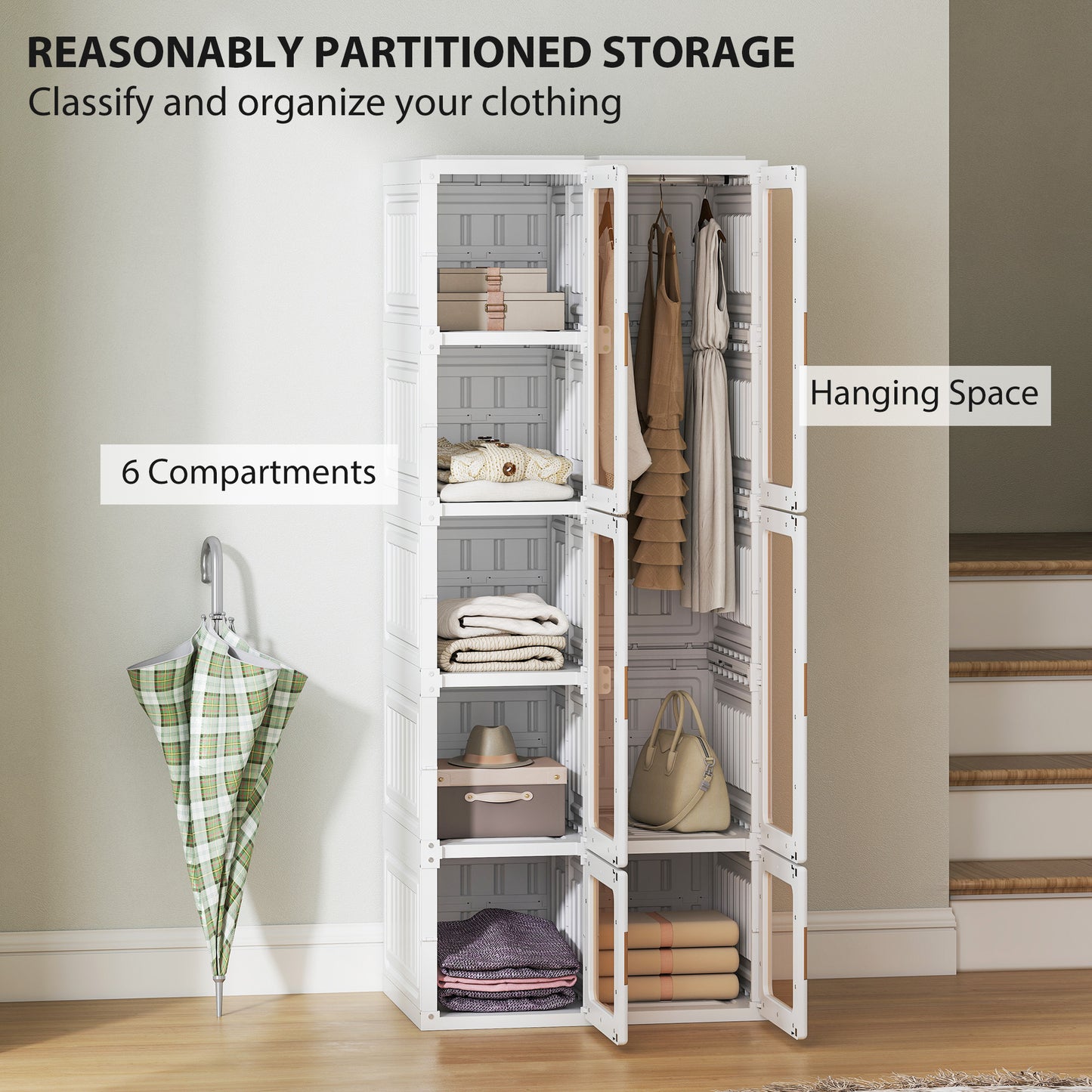 HOMCOM Portable Wardrobe, Foldable Plastic Closet with 6 Compartments, Hanging Rod and Magnetic Doors, White