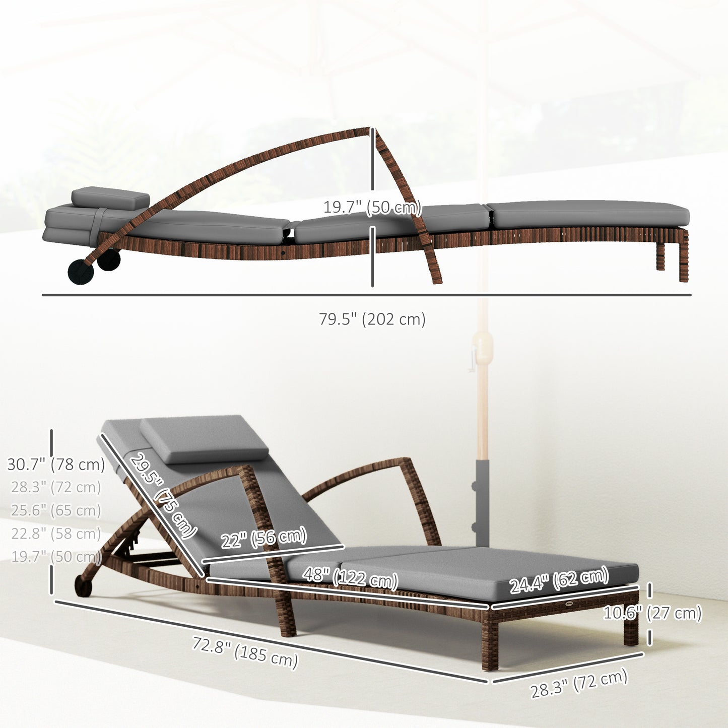 Outsunny Set of 2 Wicker Chaise Lounge Chair Outdoor Patio Lounger with 5 Adjustable Back, Wheels, Cushion and Armrests, Blue