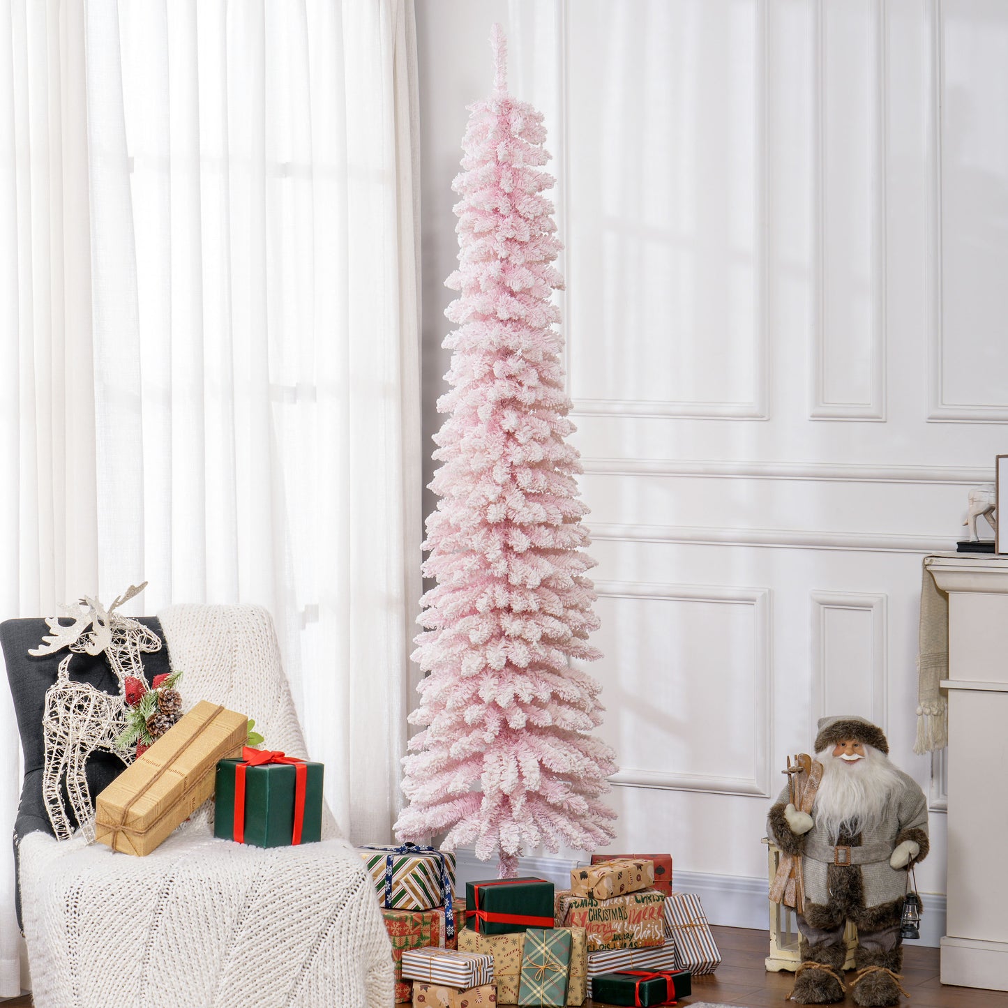 HOMCOM 6 Ft Snow-Flocked Artificial Christmas Tree, Slim Pencil Xmas Tree with Realistic Branches, Metal Base, Green