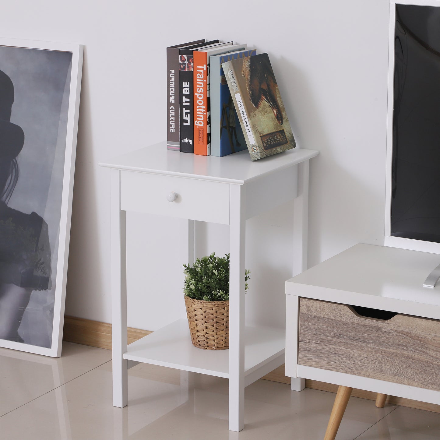HOMCOM Multipurpose Bedside Table Night Stand W/ Drawer and Storage Shelf End Side Table Bedroom White