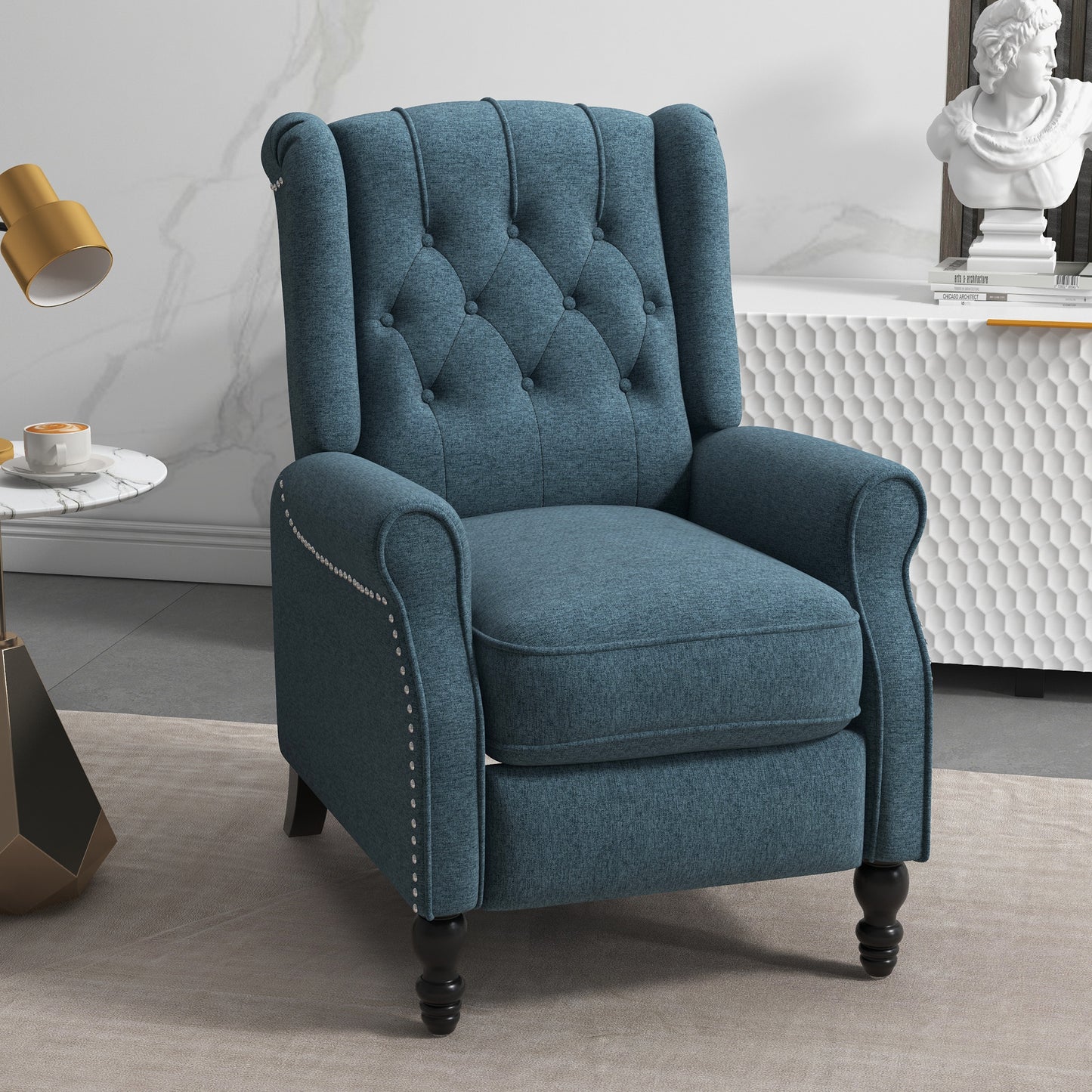 HOMCOM Wingback Reclining Chair with Footrest, Button Tufted Recliner Chair with Rolled Armrests for Living Room, Light Grey