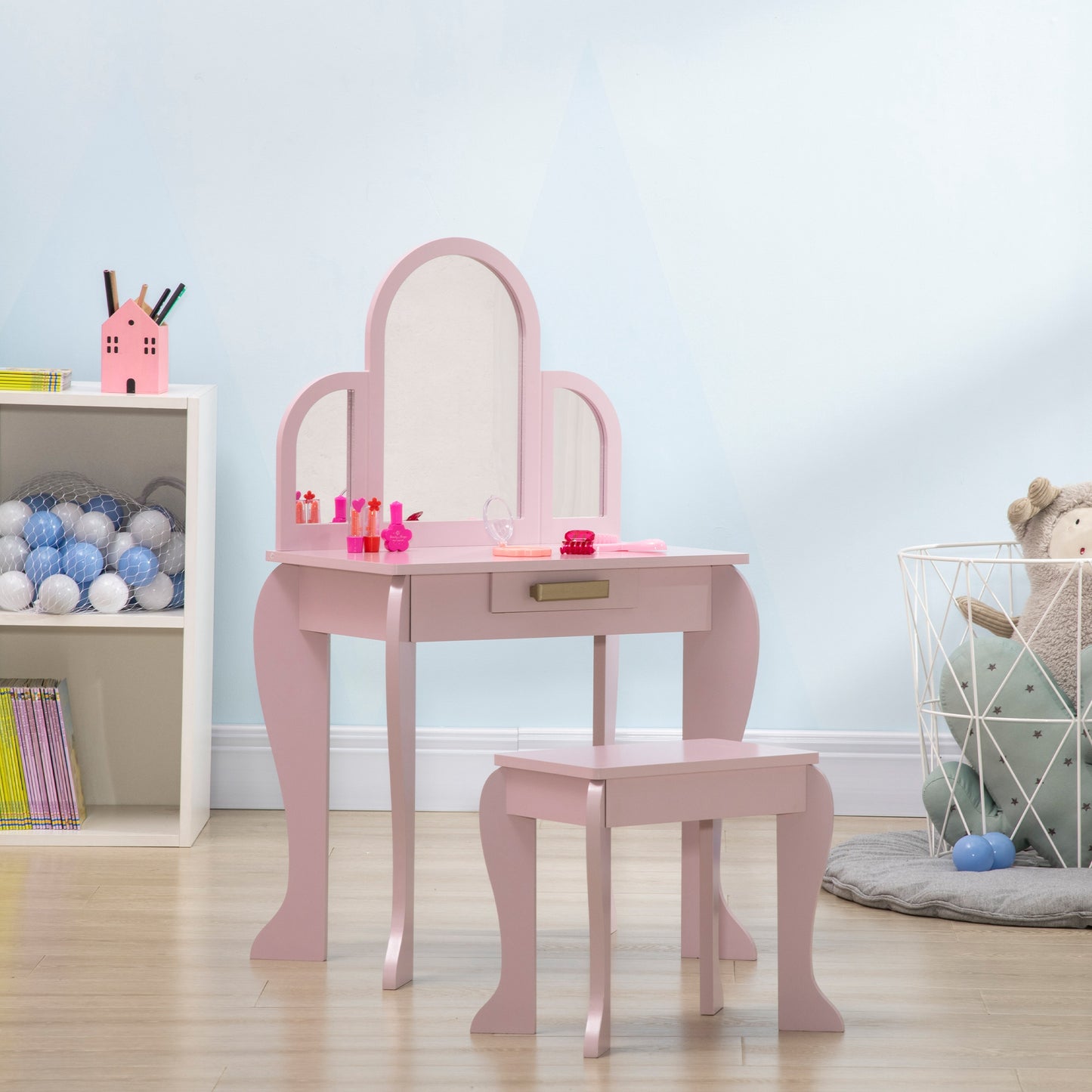 Qaba Kids Dressing Table and Chair Set, Girls Dressing Set, Makeup Desk with Drawer for 3-6 Years Old Kids, Pink