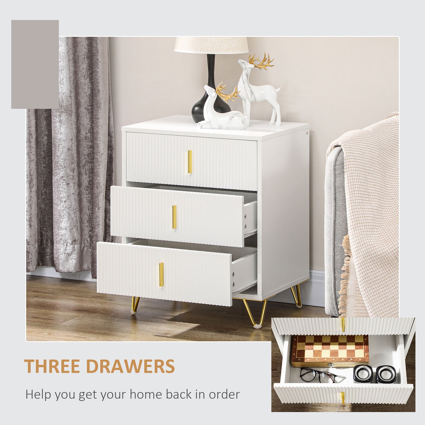 HOMCOM Drawer Chest, 3-Drawer Storage Cabinet Unit with Metal Legs for Living Room, 19.7"x15.7"x24.8", White