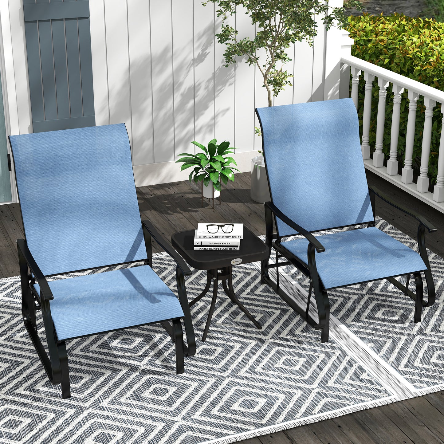 Outsunny 3PCs Gliding Rocking Chair & Bistro Tea Table Set, Light Blue