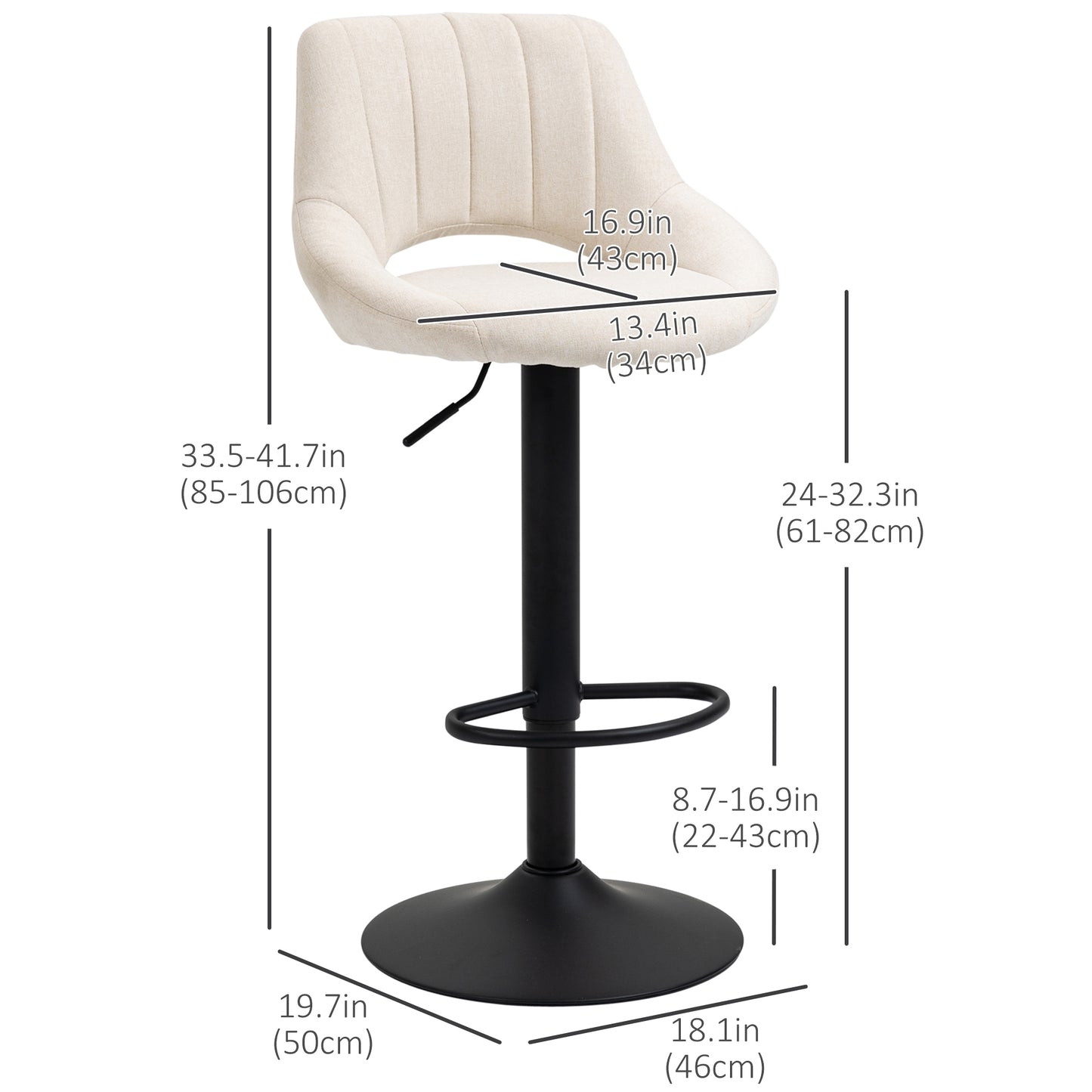 HOMCOM Bar Stools Set of 2, Swivel Counter Height Barstools with Adjustable Height, Linen Upholstered Bar Chairs with Round Metal Base and Footrest, Blue