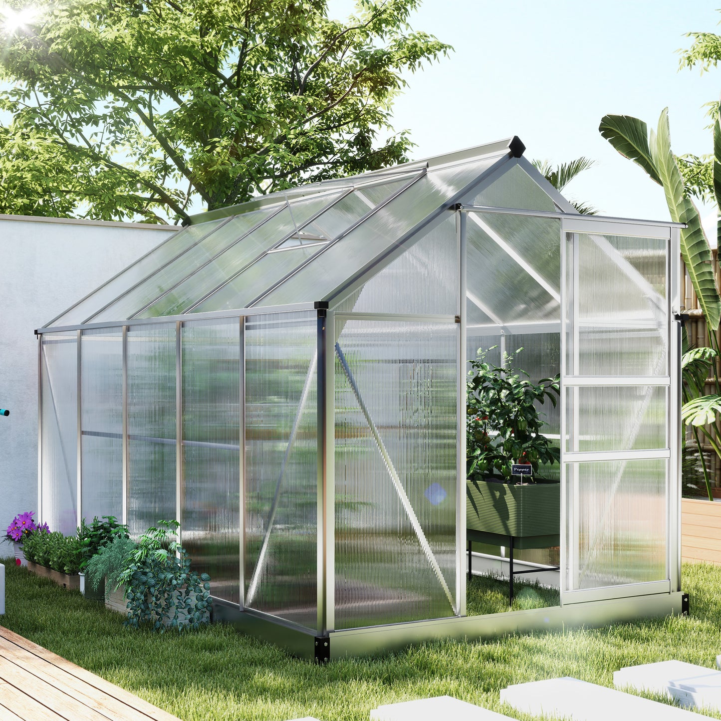 Outsunny 6' x 10' x 6.6' Polycarbonate Greenhouse, Walk-In Green House Kit Garden, Plants Grow, Galvanized Sheet Aluminum Frame with Rain Gutter, Vents and Sliding Door, Green
