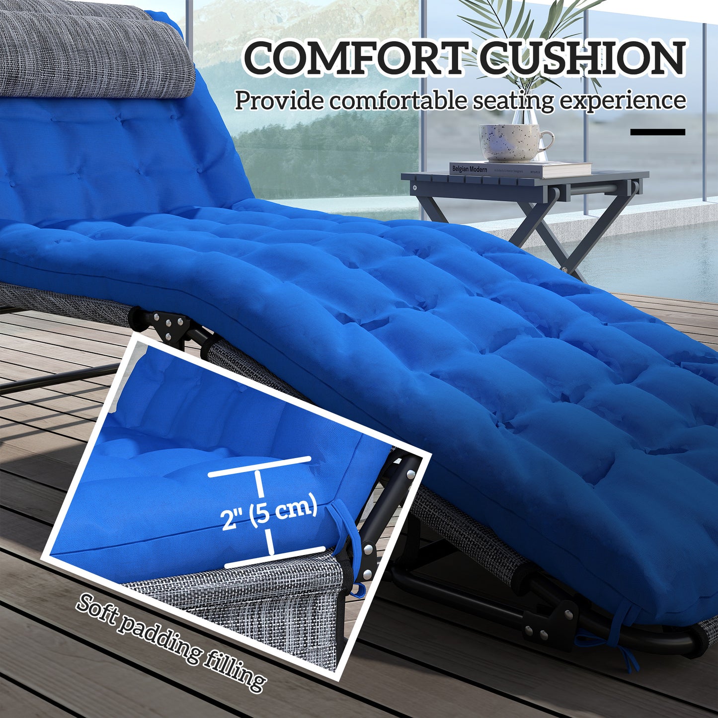 Outsunny 2-Piece Folding Lounge Chairs with Adjustable Backrest, Tanning Chair with Cushion, Side Pocket, Headrest, Grey