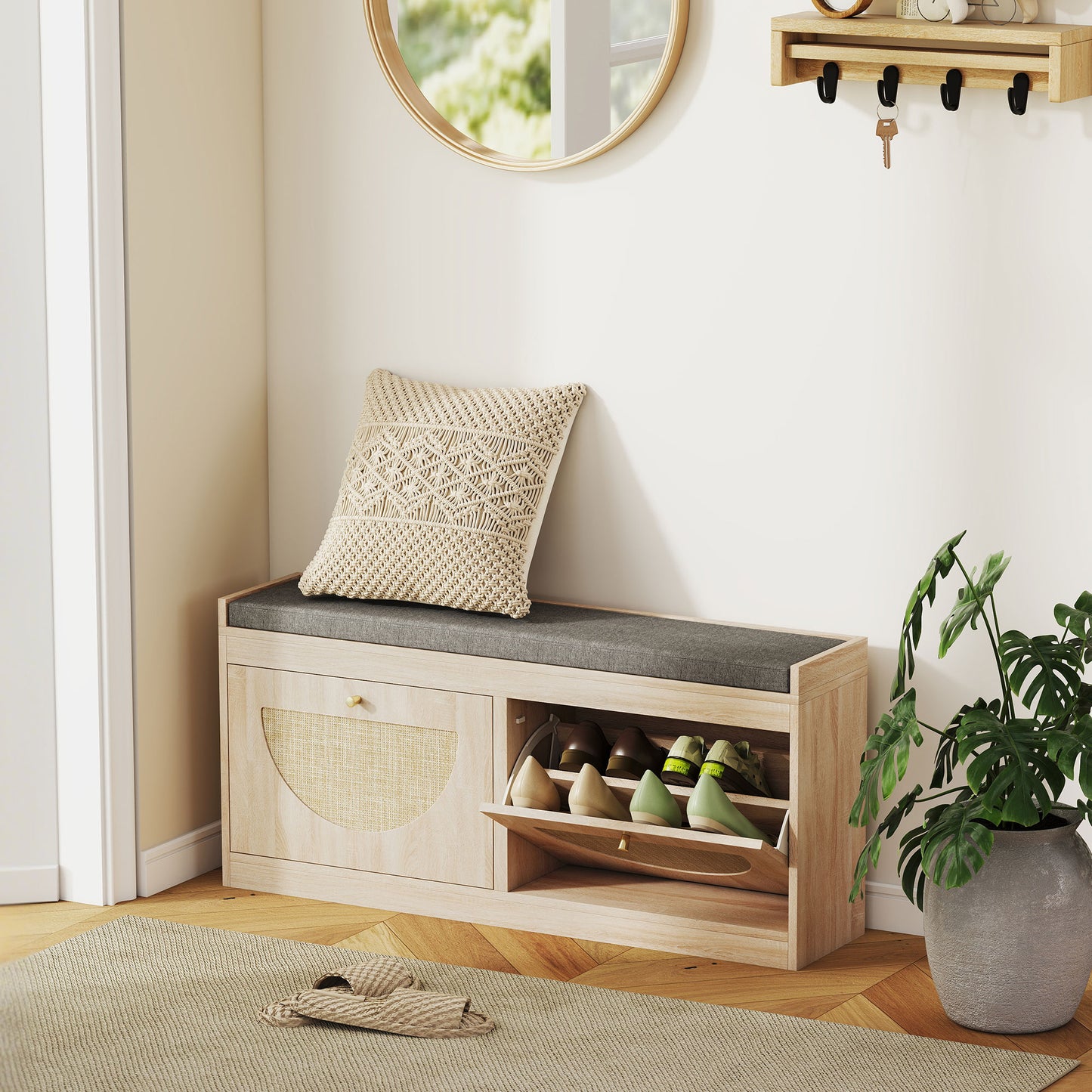 HOMCOM Shoe Bench with Flip Doors, Seat Cushion, Adjustable Shelves for 8 Pairs, Boho Entryway Bench for Bedroom, Natural Wood