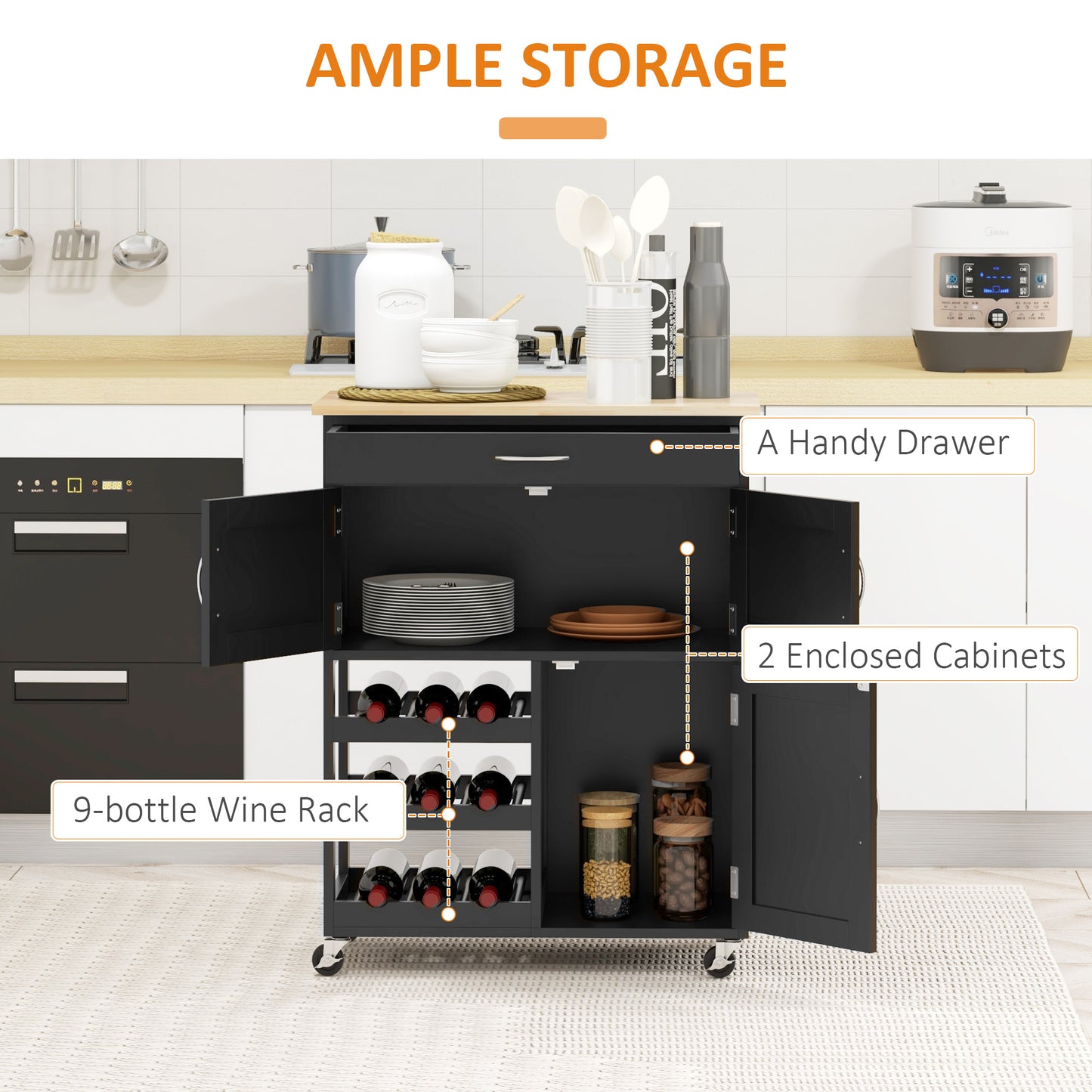 HOMCOM Rolling Kitchen Cart, Kitchen Island with Storage Drawer, 9-bottle Wine Rack, Door Cabinets, Wooden Countertop, White
