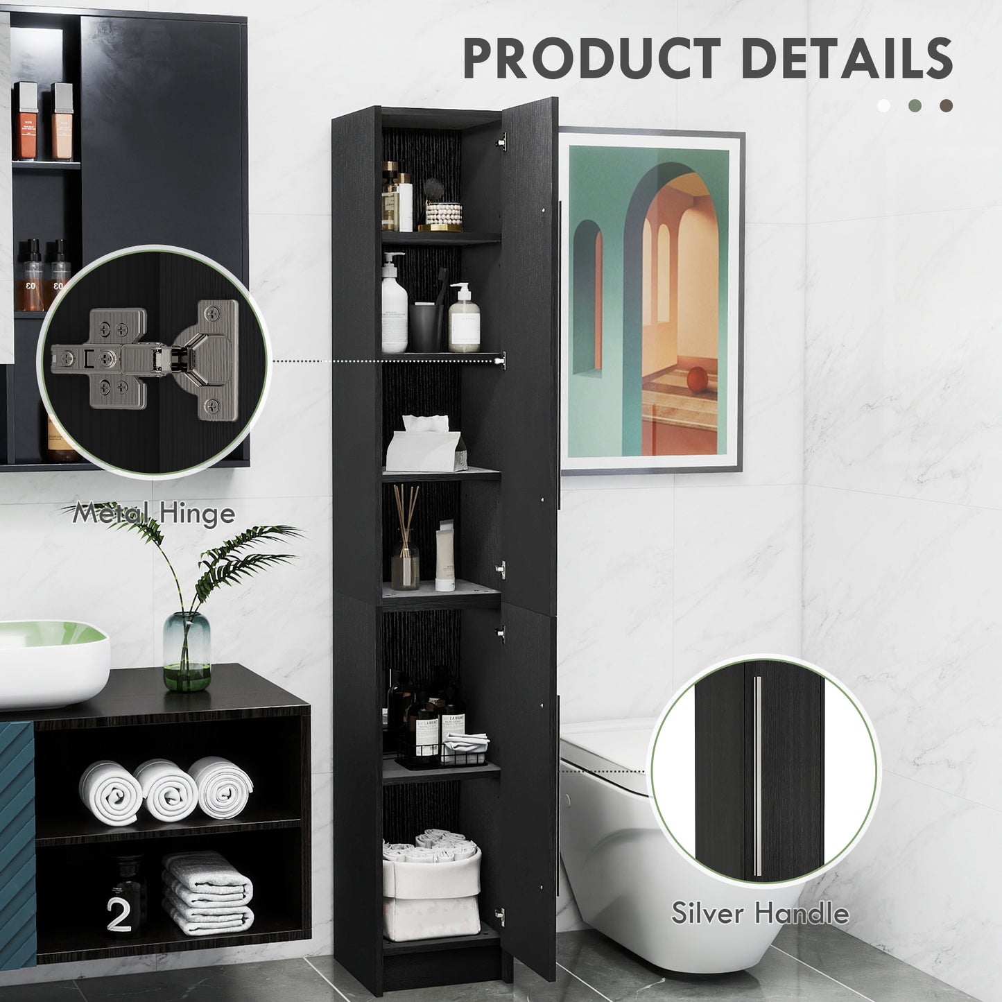 HOMCOM Freestanding Tall Bathroom Storage Cabinet with Adjustable Shelves, Bathroom Organizer, Black Wood Grain