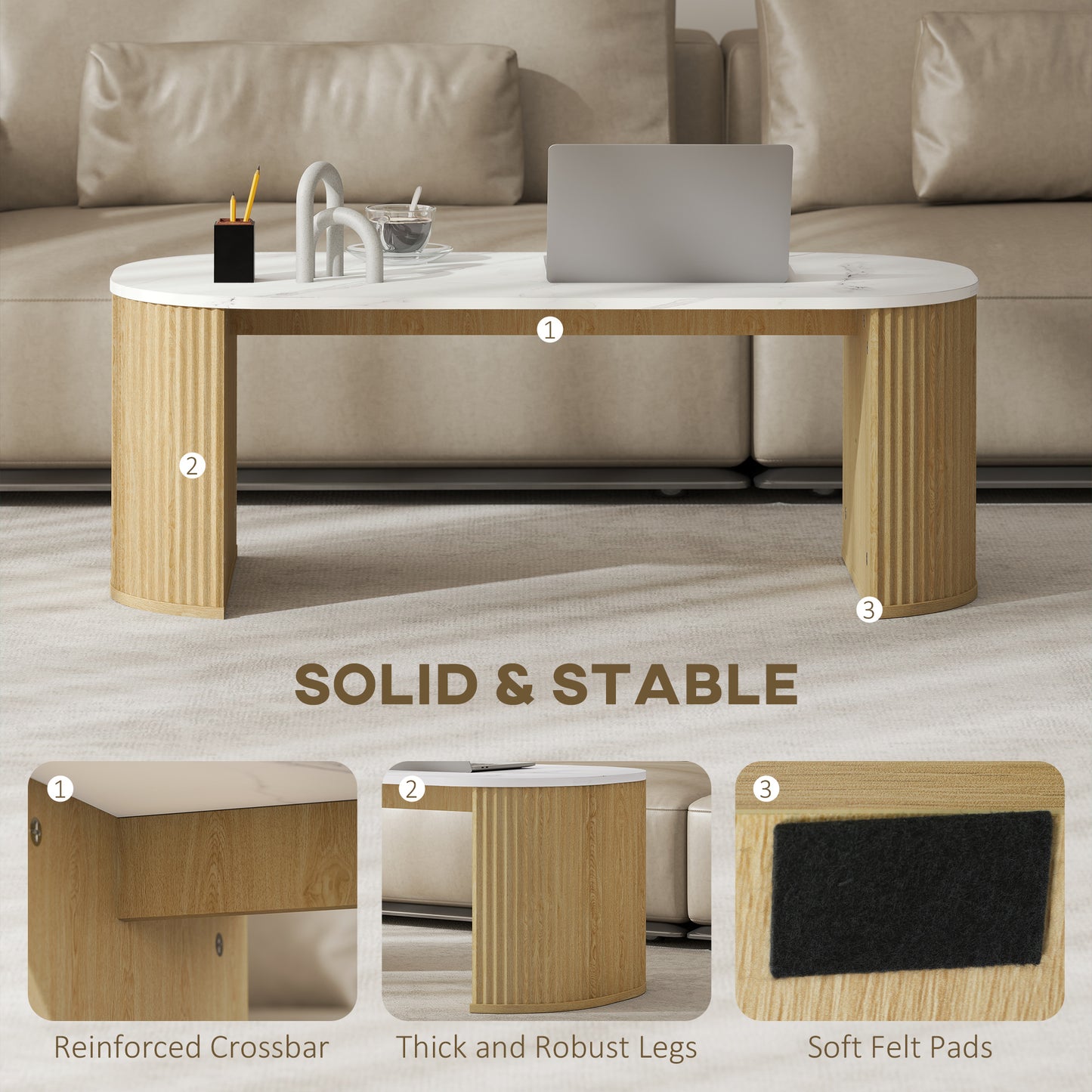 HOMCOM Coffee Table, Modern Marble-Effect Living Room Table with Round Corners and Thicken Legs, Black