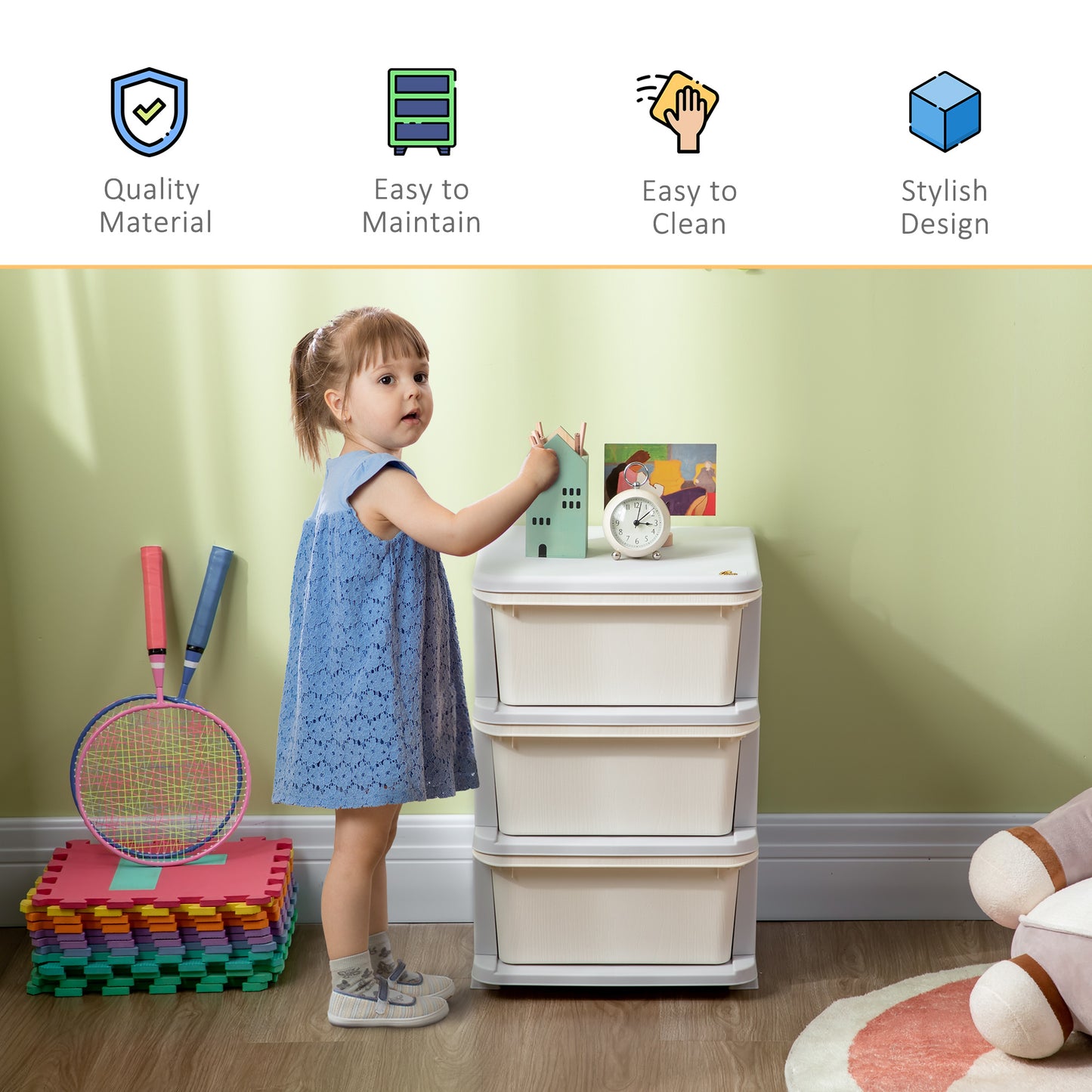 Qaba 3 Tier Kids Toy Organizer and Storage Bins with 3 Plastic Drawers, Blue