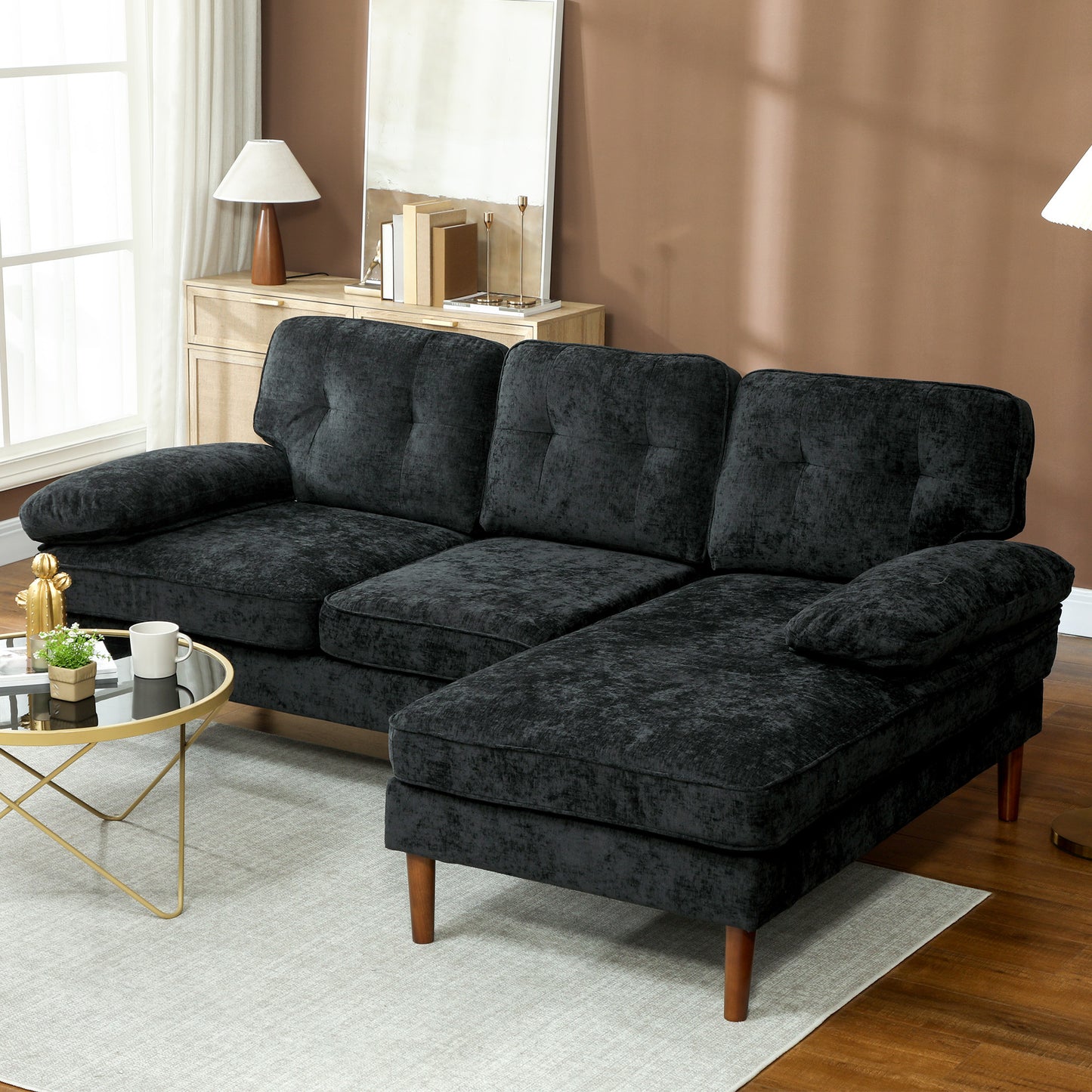 HOMCOM Modern Corner Couch with Right Chaise Lounge, Tufted 3-Seater Sofa with Wooden Legs for Living Room, Black