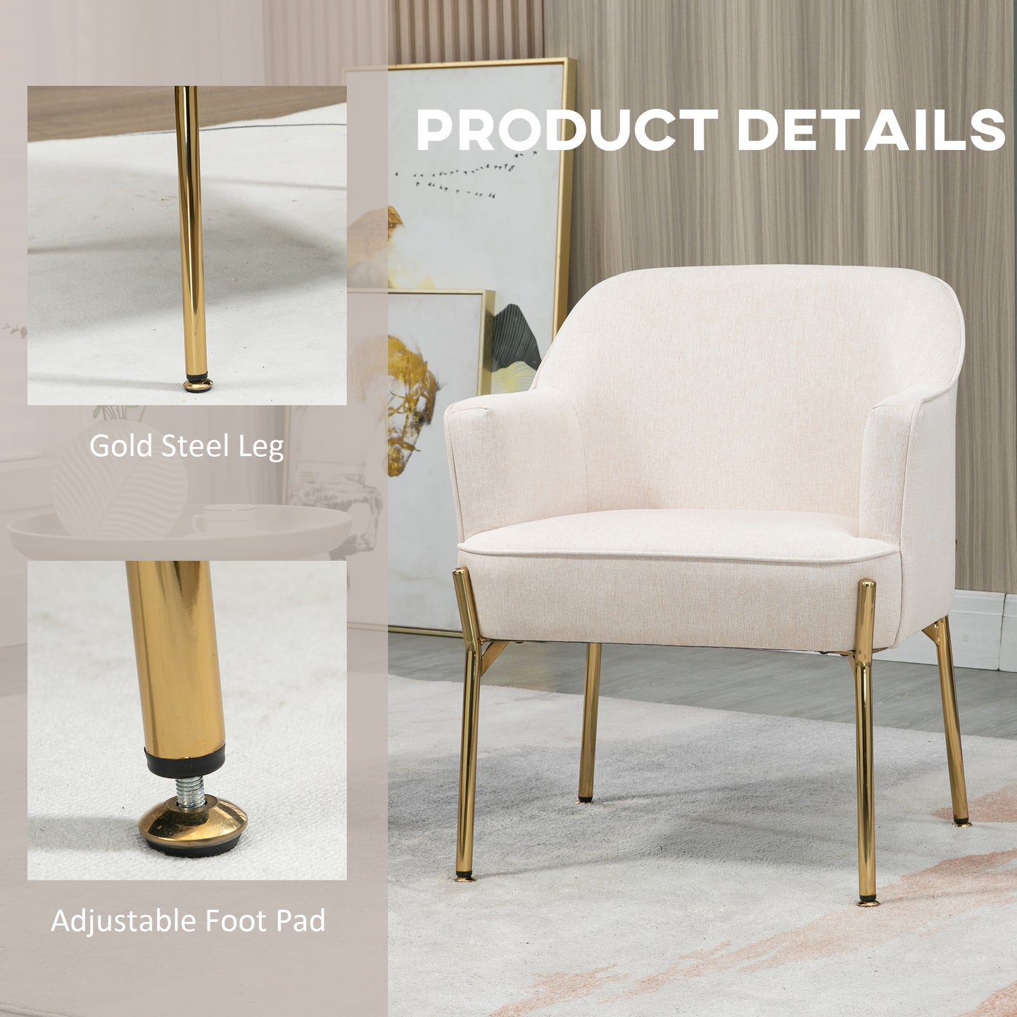 HOMCOM Fabric Armchair, Modern Accent Chair with Metal Legs for Living Room, Bedroom, Home Office, Cream White
