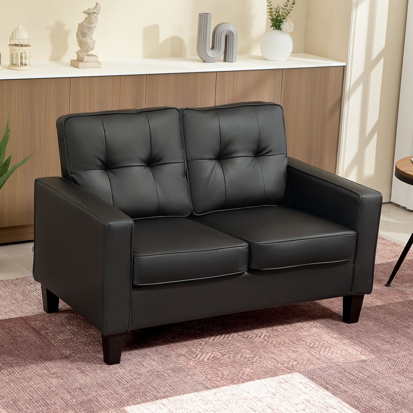 HOMCOM 51" PU Leather Loveseat, Upholstered Double Sofa Couch with Armrests, Tufted Backrest, Pocket Spring and Sponge Padded Cushion for Living Room, Bedroom, Home Office, Brown