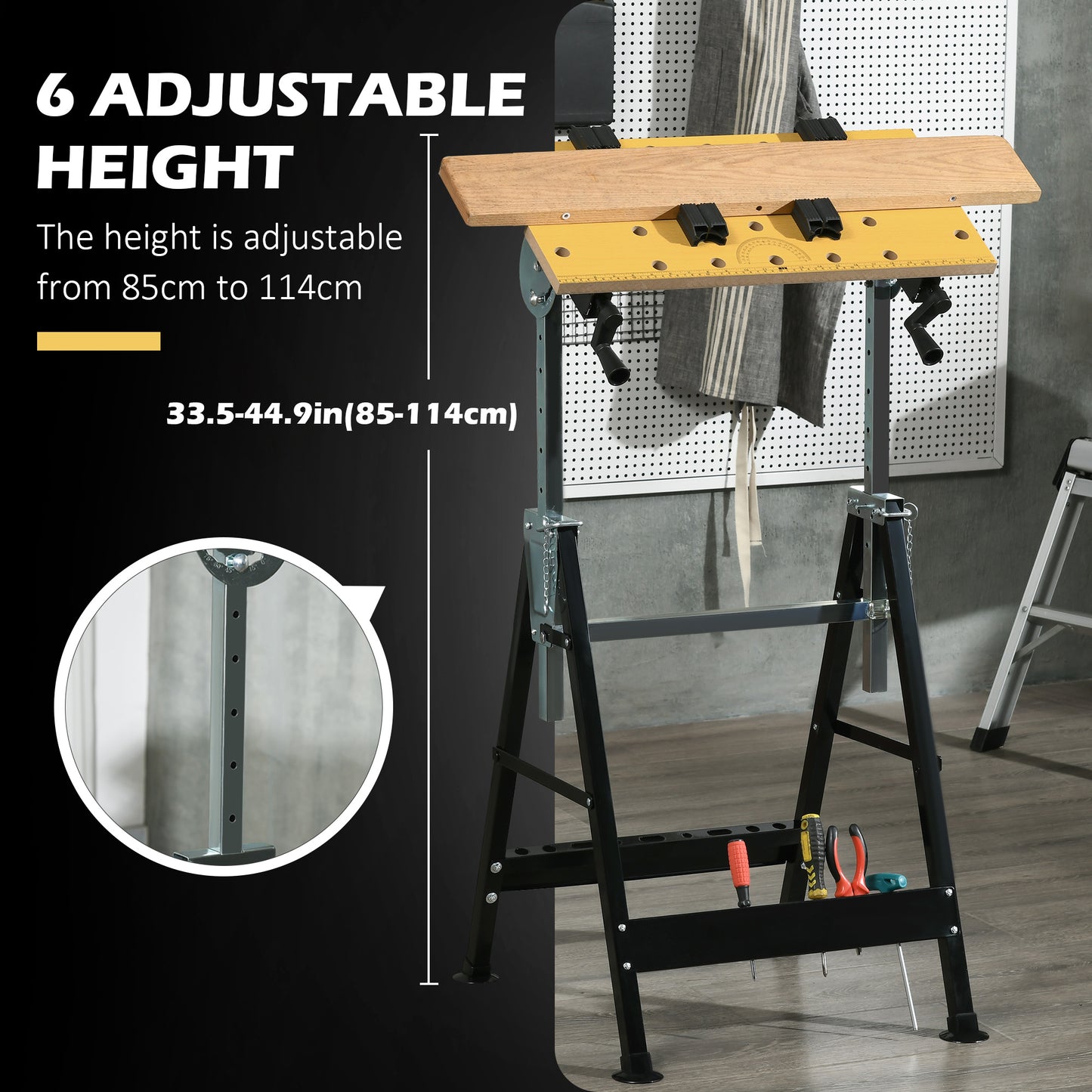 HOMCOM Portable Work Bench, Workshop Tool Stand with 6-Level Height Adjustable Work Table, Carpenter Saw Table with 4 Clamps, Steel Frame, 220lbs Capacity