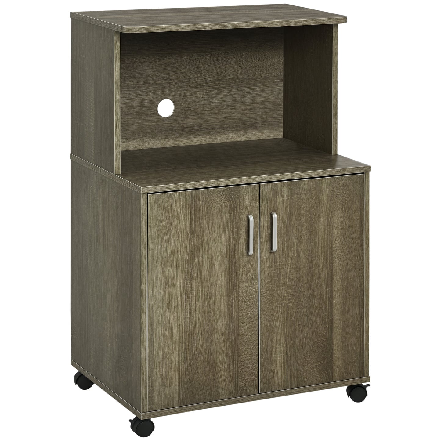 HOMCOM Microwave Cart on Wheels Utility Trolley Storage Sideboard Bookcase with 2-door Cabinet, White Oak