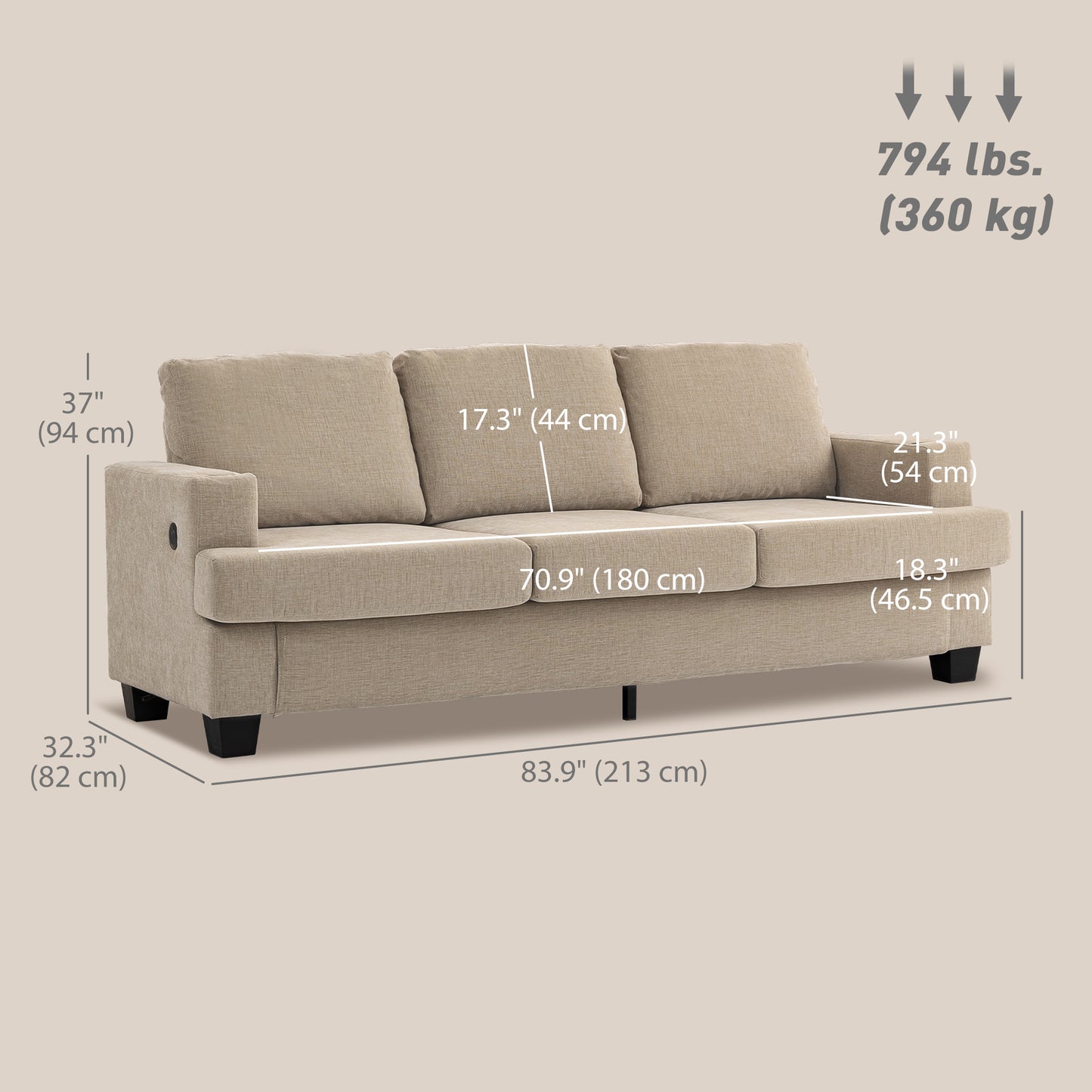 HOMCOM 3 Seater Sofa with USB Ports & Cup Holders, Chenille-Feel Upholstered Couch for Living Room, Light Brown